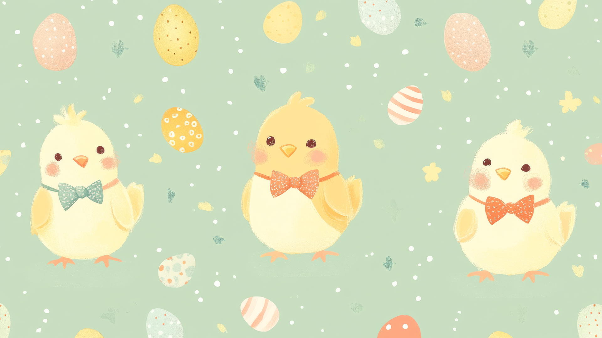 preppy Easter wallpaper with adorable chicks in colorful bowties on pastel green background