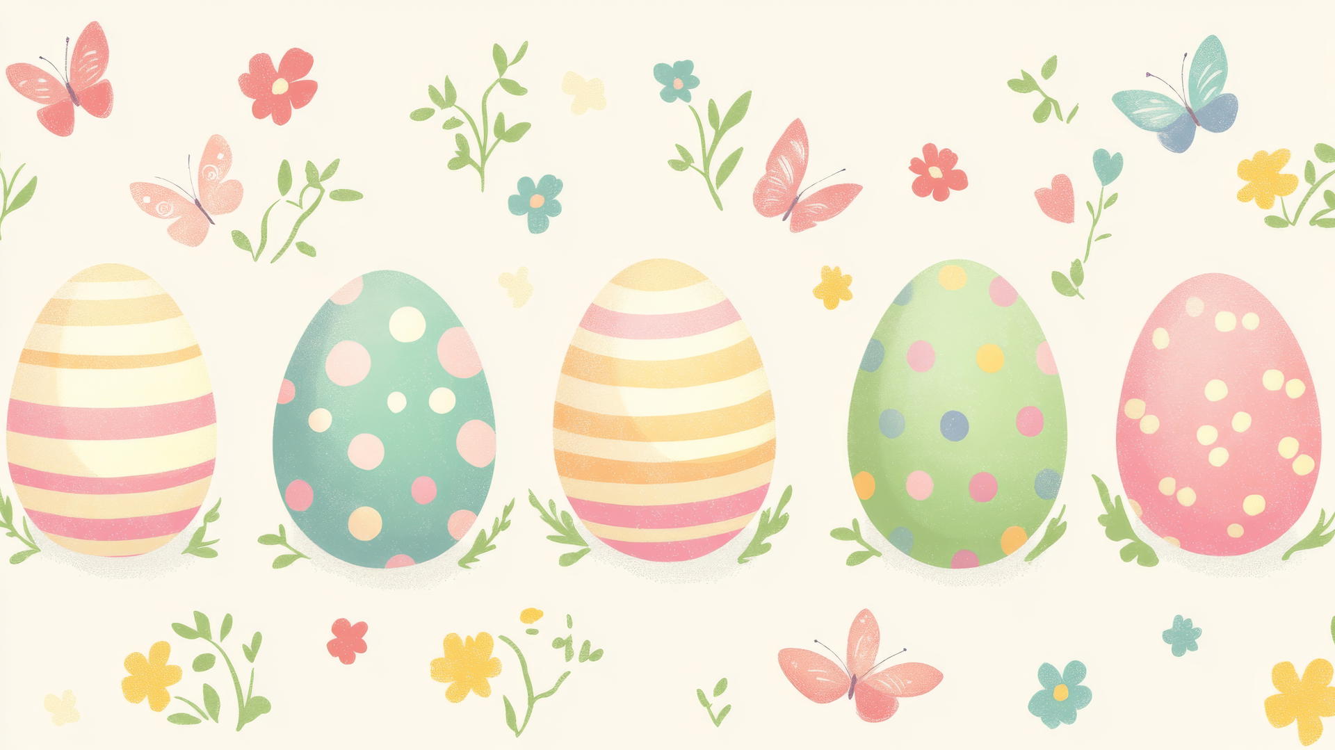 preppy easter wallpaper with pastel-colored eggs, polka dots, stripes, flowers, and butterflies on cream background