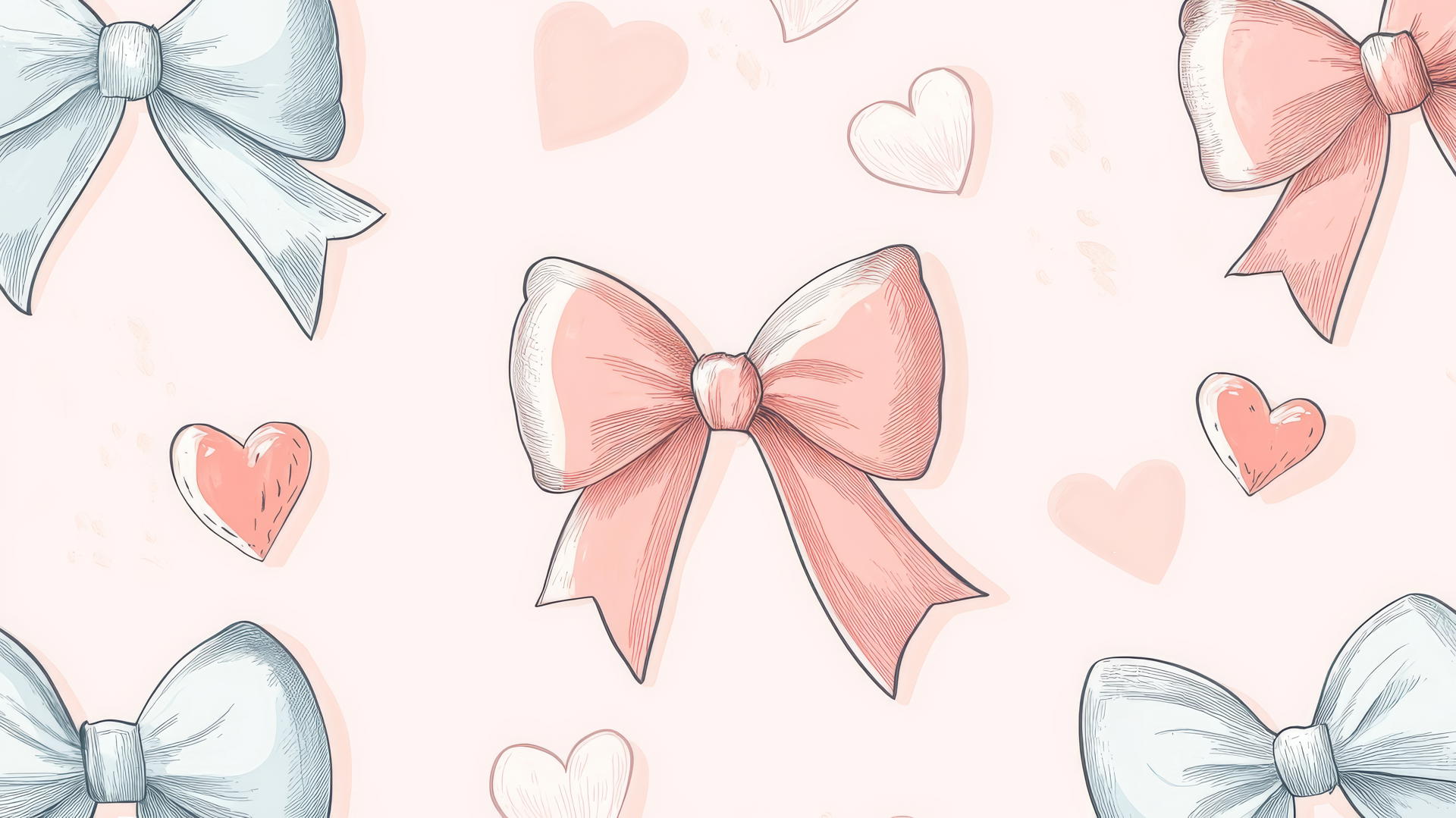 Preppy valentines wallpaper with ribbon bows and hearts tied in a seamless pattern on light pink background
