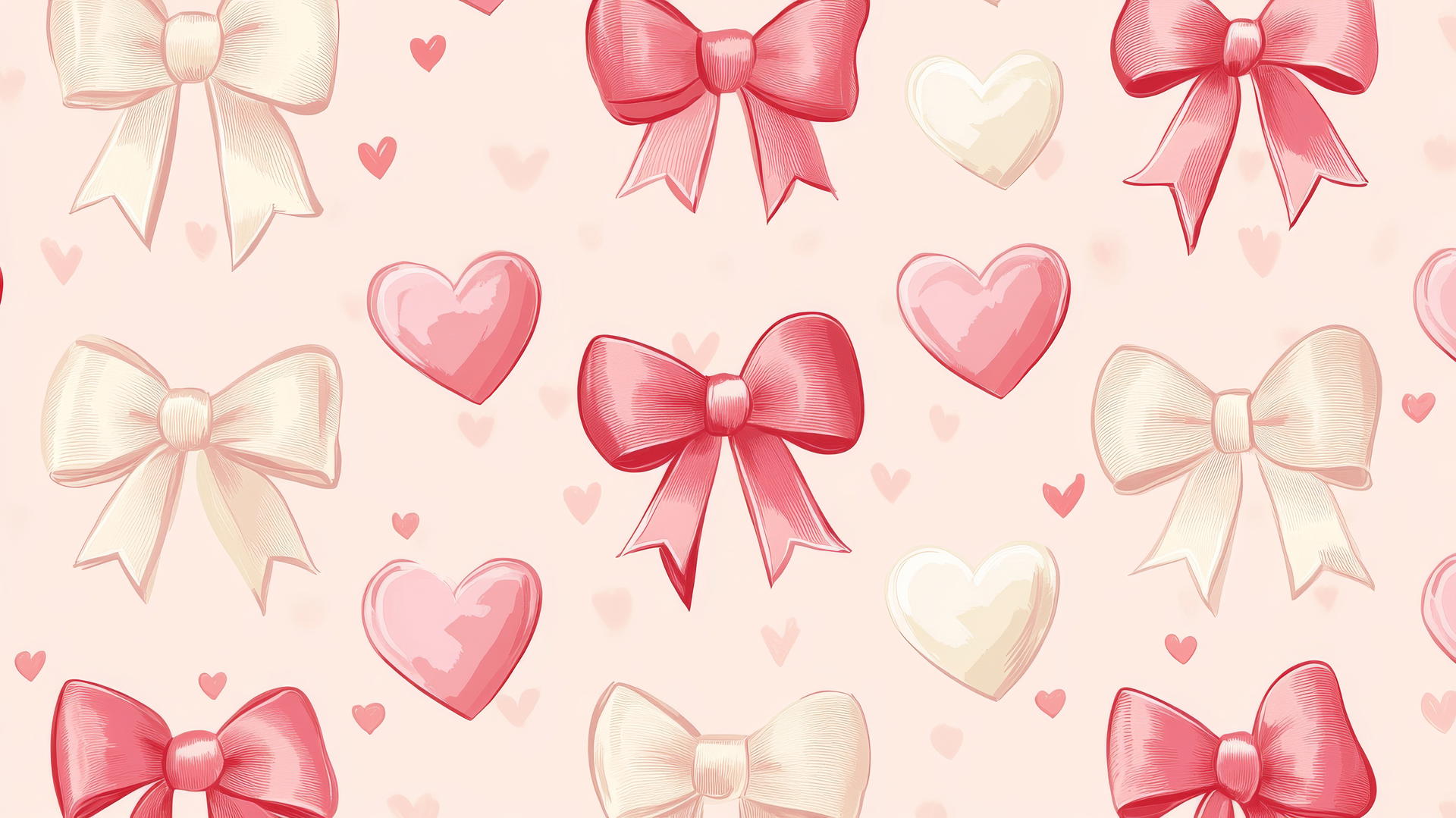 preppy valentines wallpaper with ribbon bows and hearts on light pink background