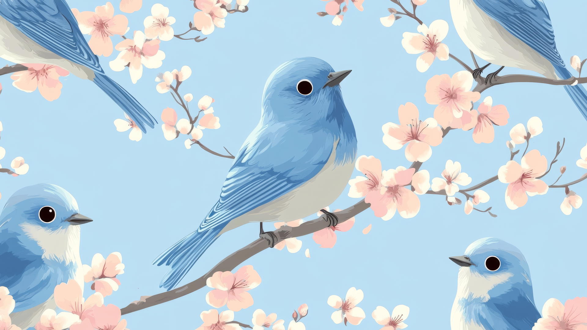 Preppy blue wallpaper with cartoon bluebirds on pink blossoms