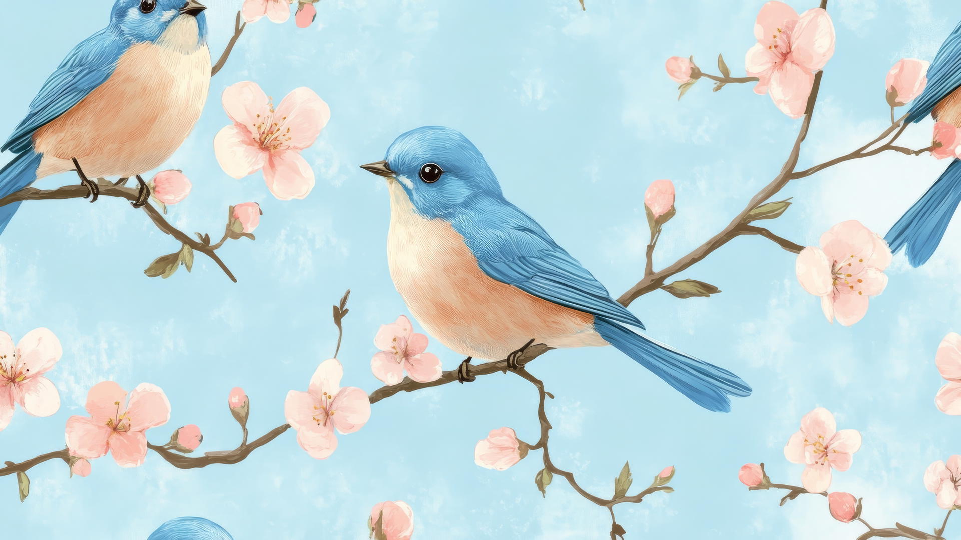 preppy blue wallpaper with cartoon bluebirds on branches with pink blossoms