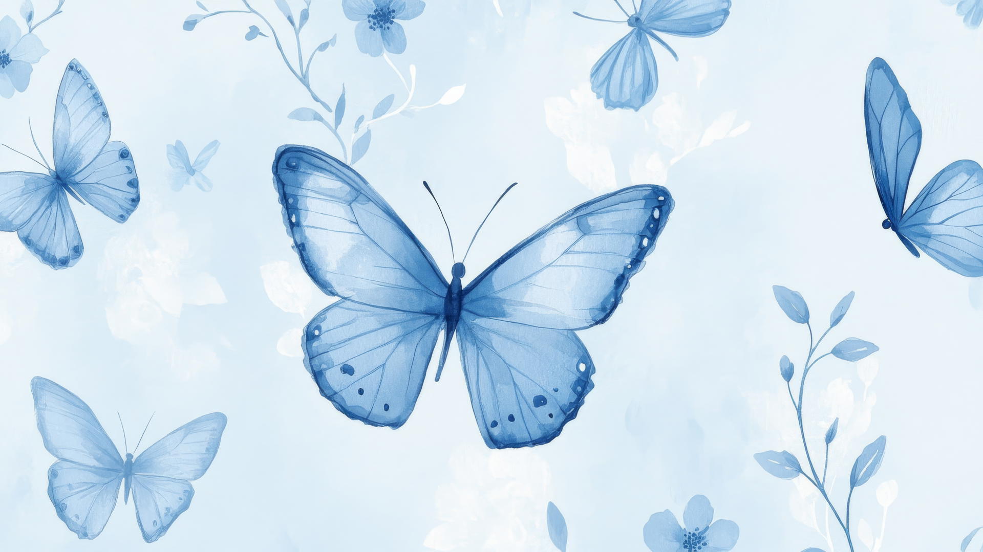 preppy blue wallpaper with hand-drawn blue butterflies and pastel floral elements