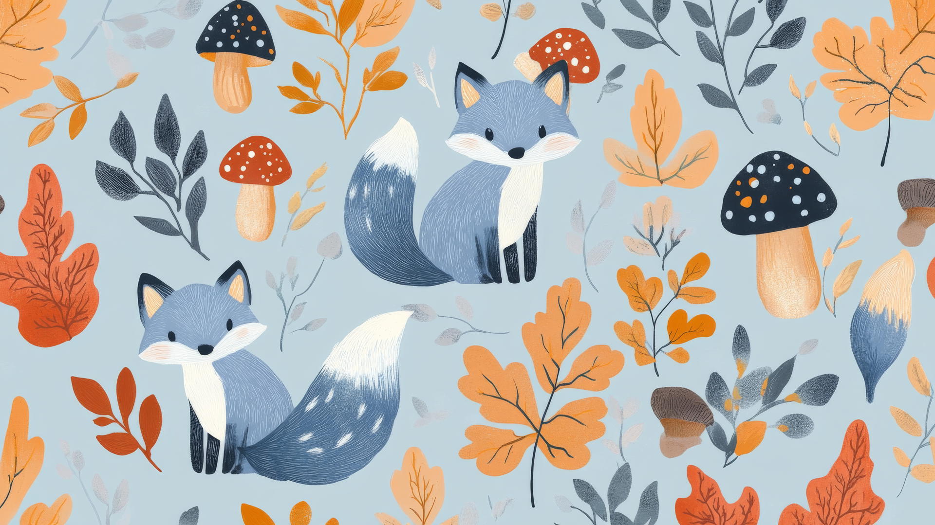 preppy blue wallpaper with blue foxes and mushrooms among fall foliage on pastel blue