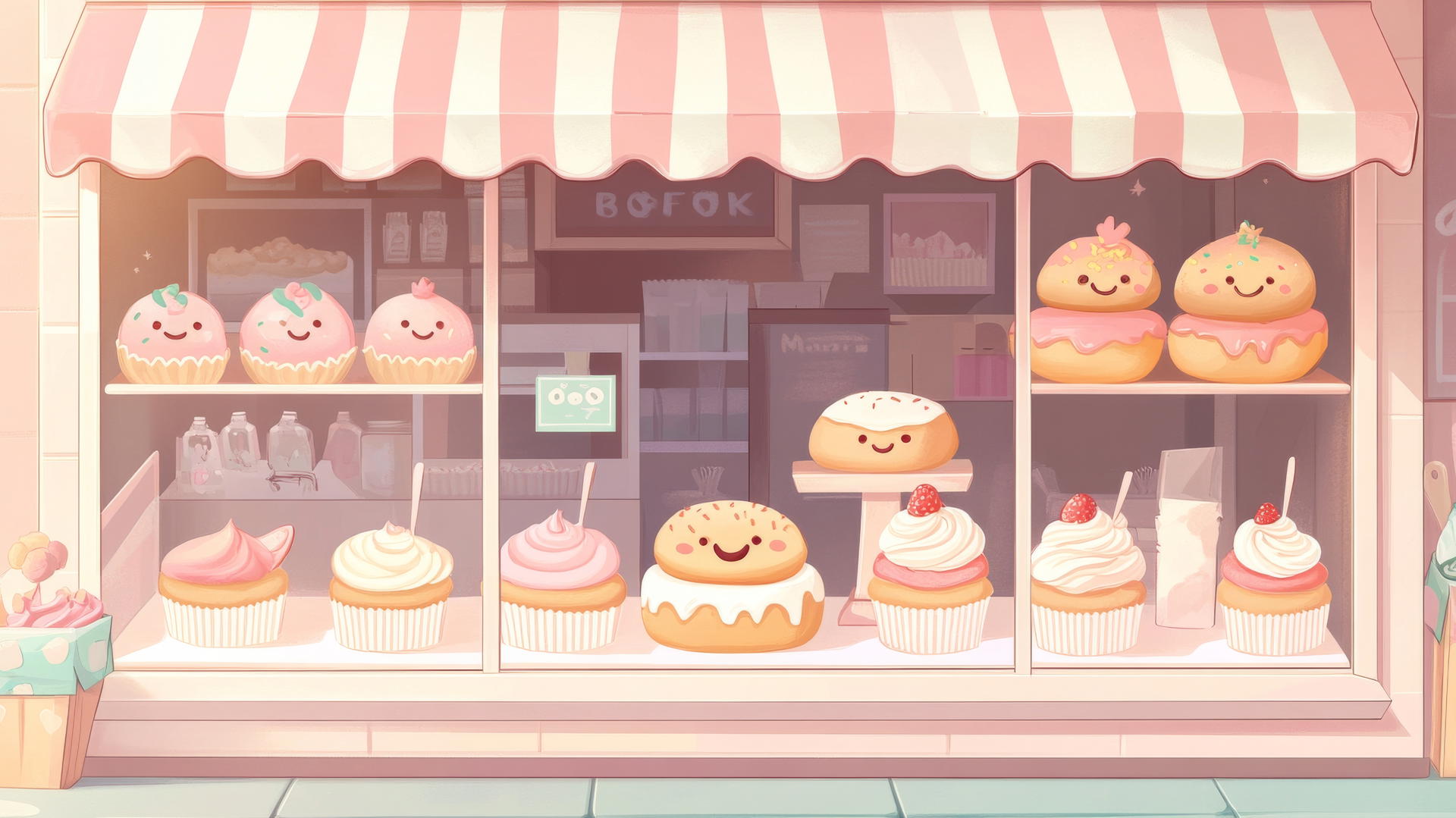 wallpapers cute cartoon bakery with smiling pastries in pastel colors