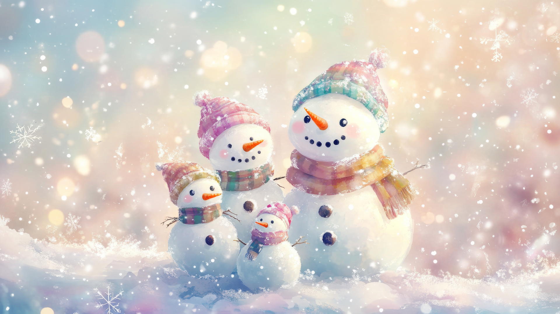 Cute wallpapers for Christmas featuring a snowman family with button eyes and colorful scarves in a pastel winter landscape.