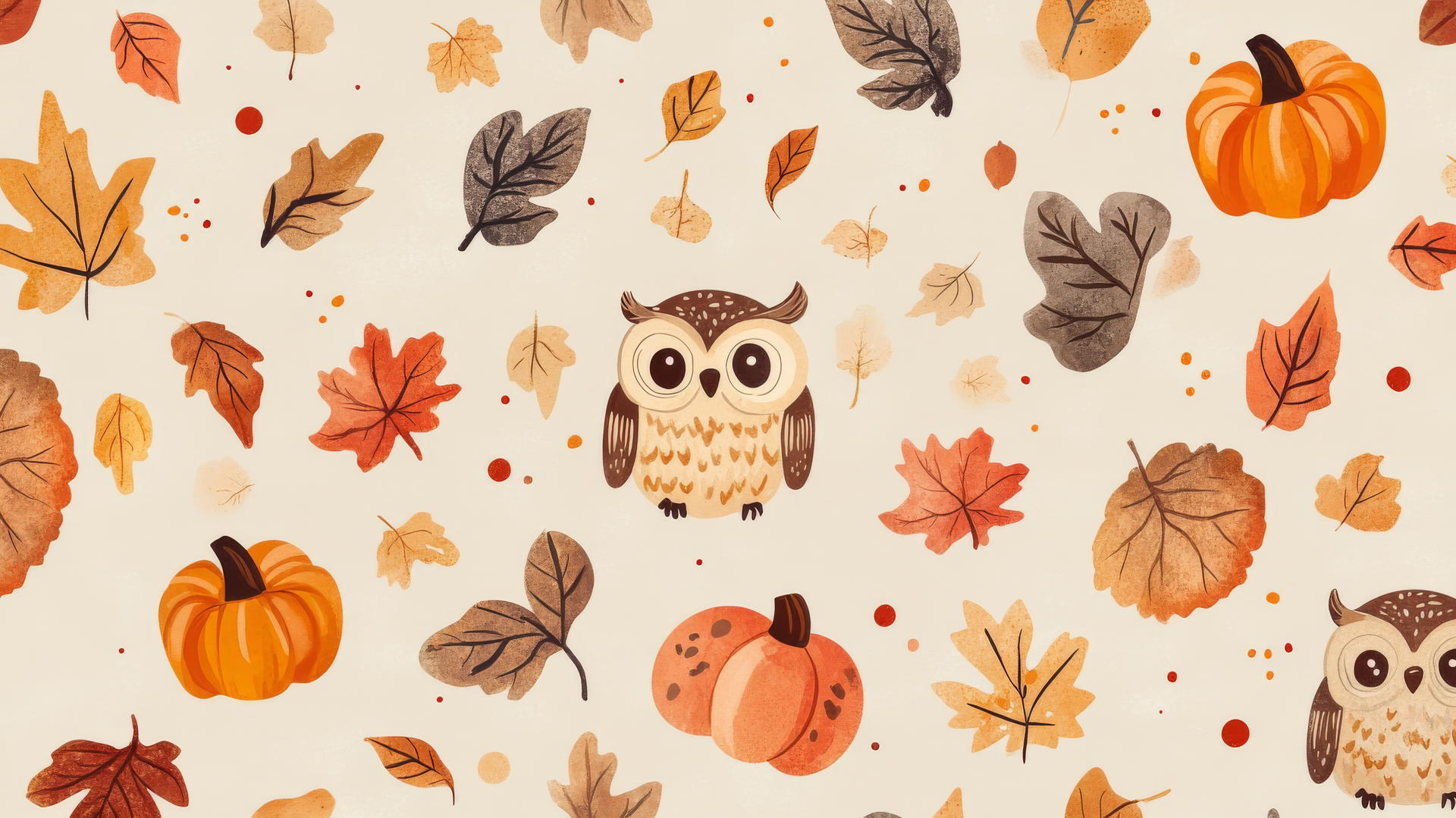 cute fall aesthetic wallpapers with hand-drawn owls, pumpkins, and fall leaves
