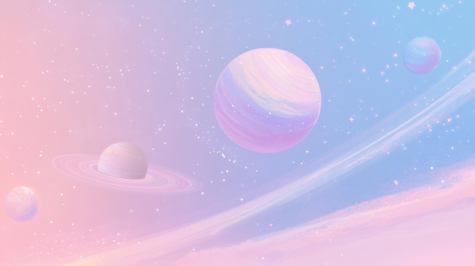 cute wallpapers aesthetic, pastel galaxy with swirling stars, planets, and comets