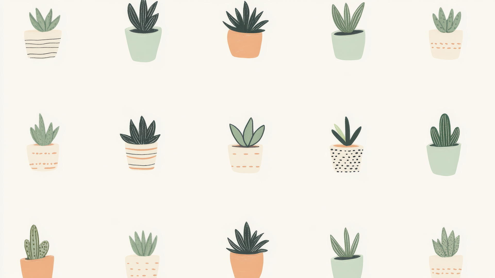 cute aesthetic wallpapers with hand-drawn succulents and cacti in pastel pots