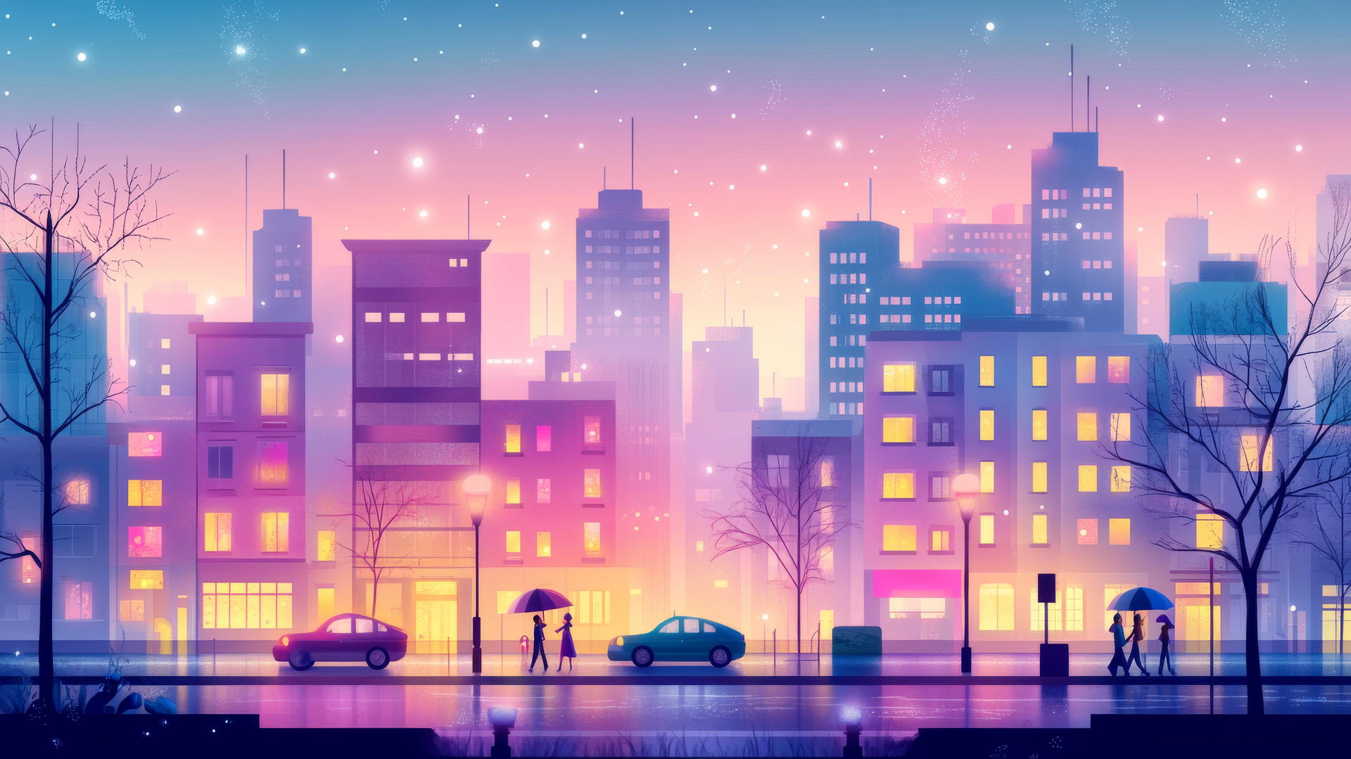 Cute aesthetic wallpapers: pastel cityscape at dusk with glowing windows, cars, people with umbrellas, and twinkling stars.