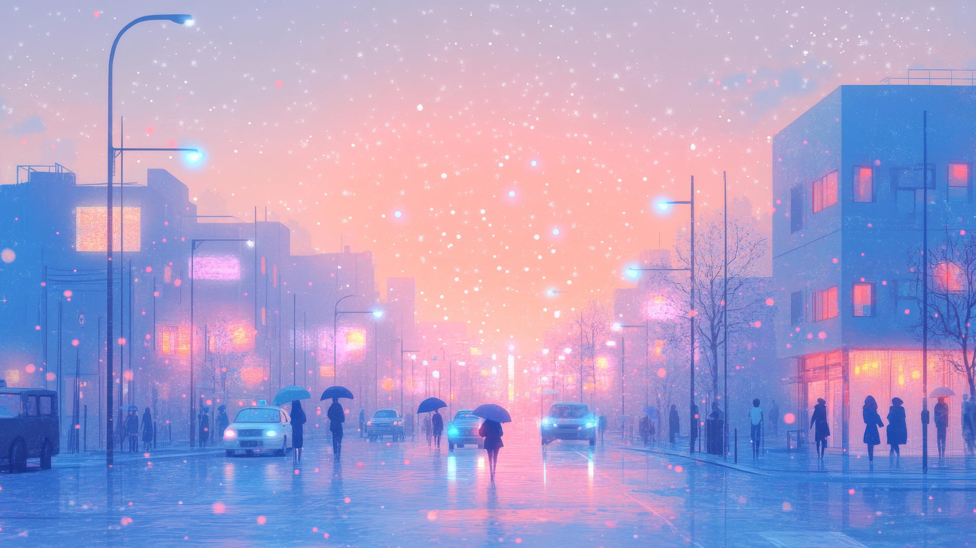 cute aesthetic wallpapers of a pastel cityscape at dusk with glowing windows and tiny cars