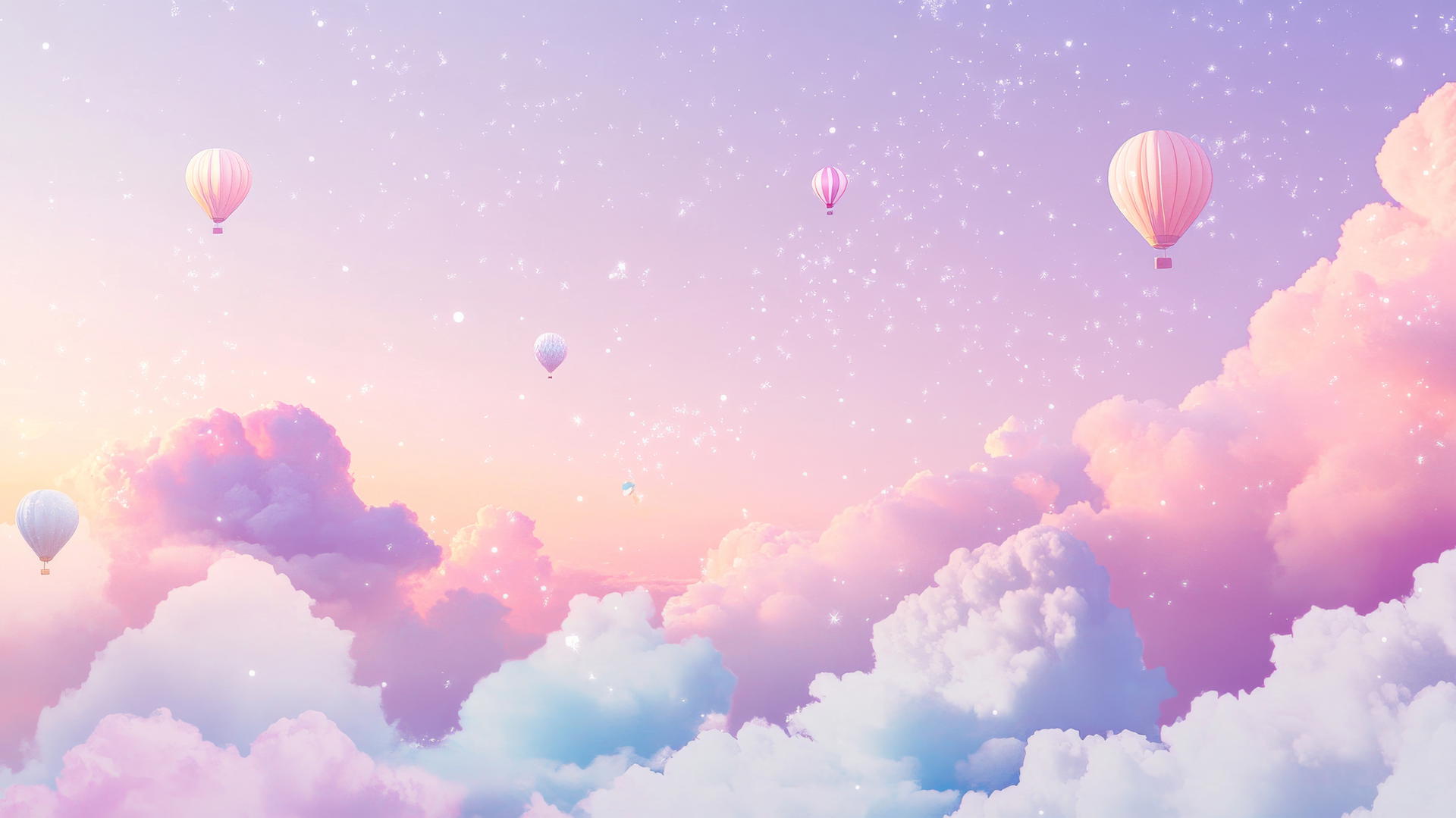 cute aesthetic wallpapers with dreamy cloudscape, pastel clouds, tiny hot air balloons, and stars