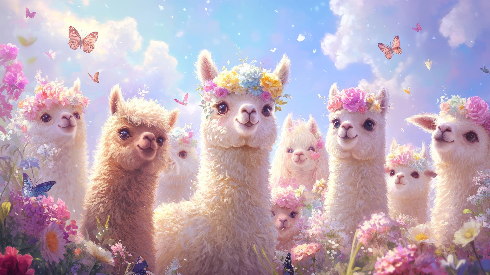cute wallpapers for girls, fluffy alpacas with hairstyles, flowers, and bows