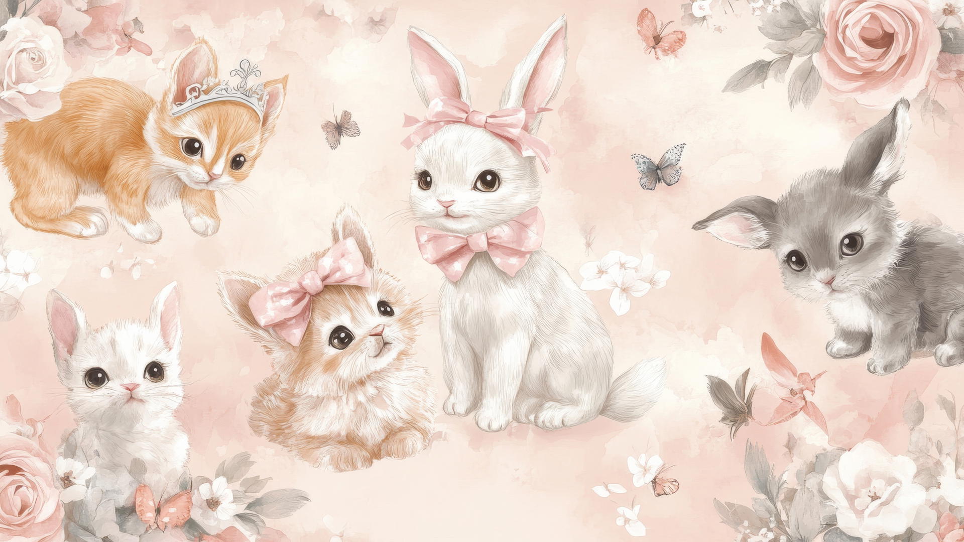 A playful mix of cute, hand-drawn animals like bunnies, puppies, and kittens wearing bows or tiaras in a pastel environment, cute wallpapers for girls.