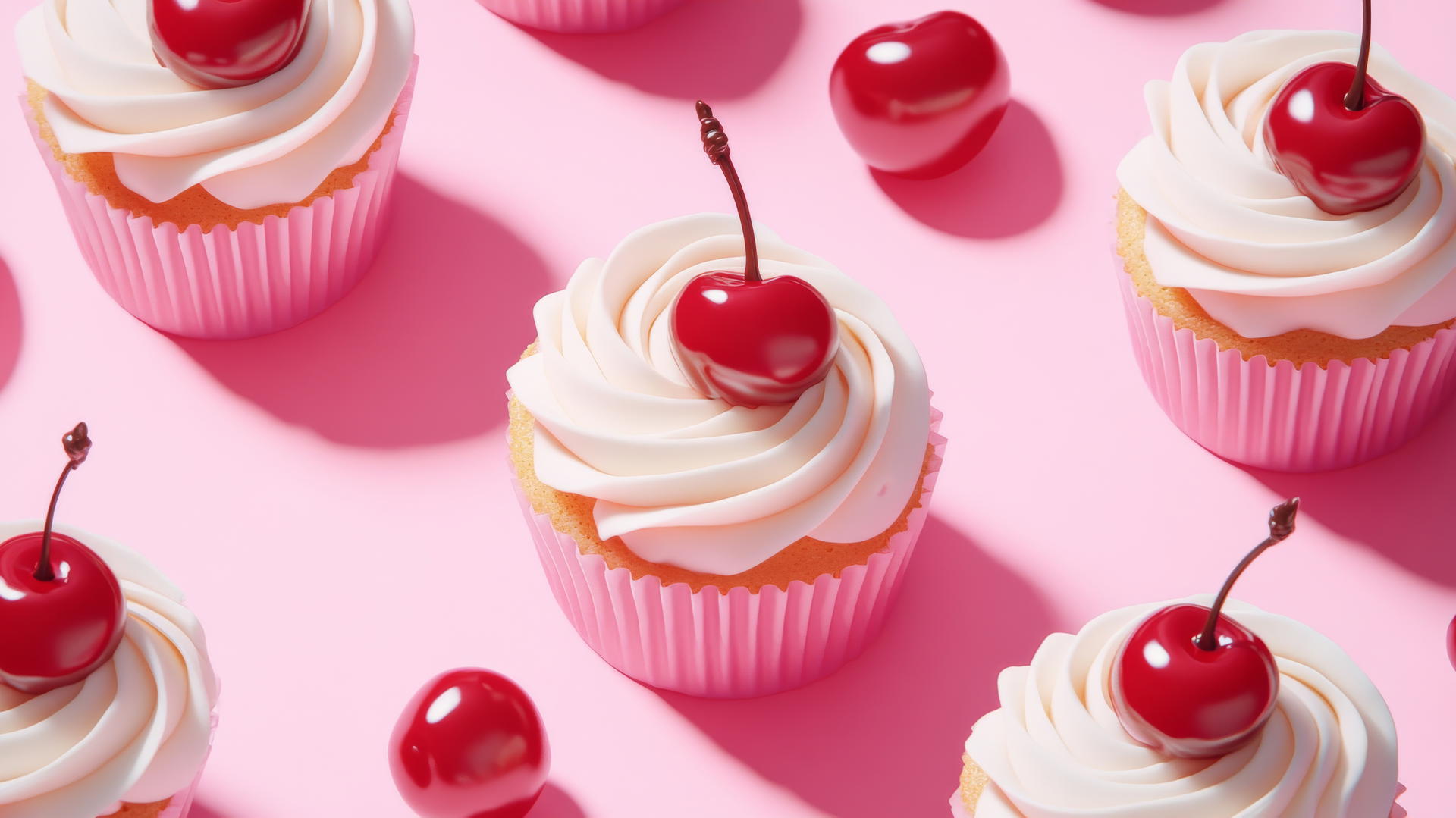 cute hot pink wallpaper with kawaii-style cupcakes topped with cherries