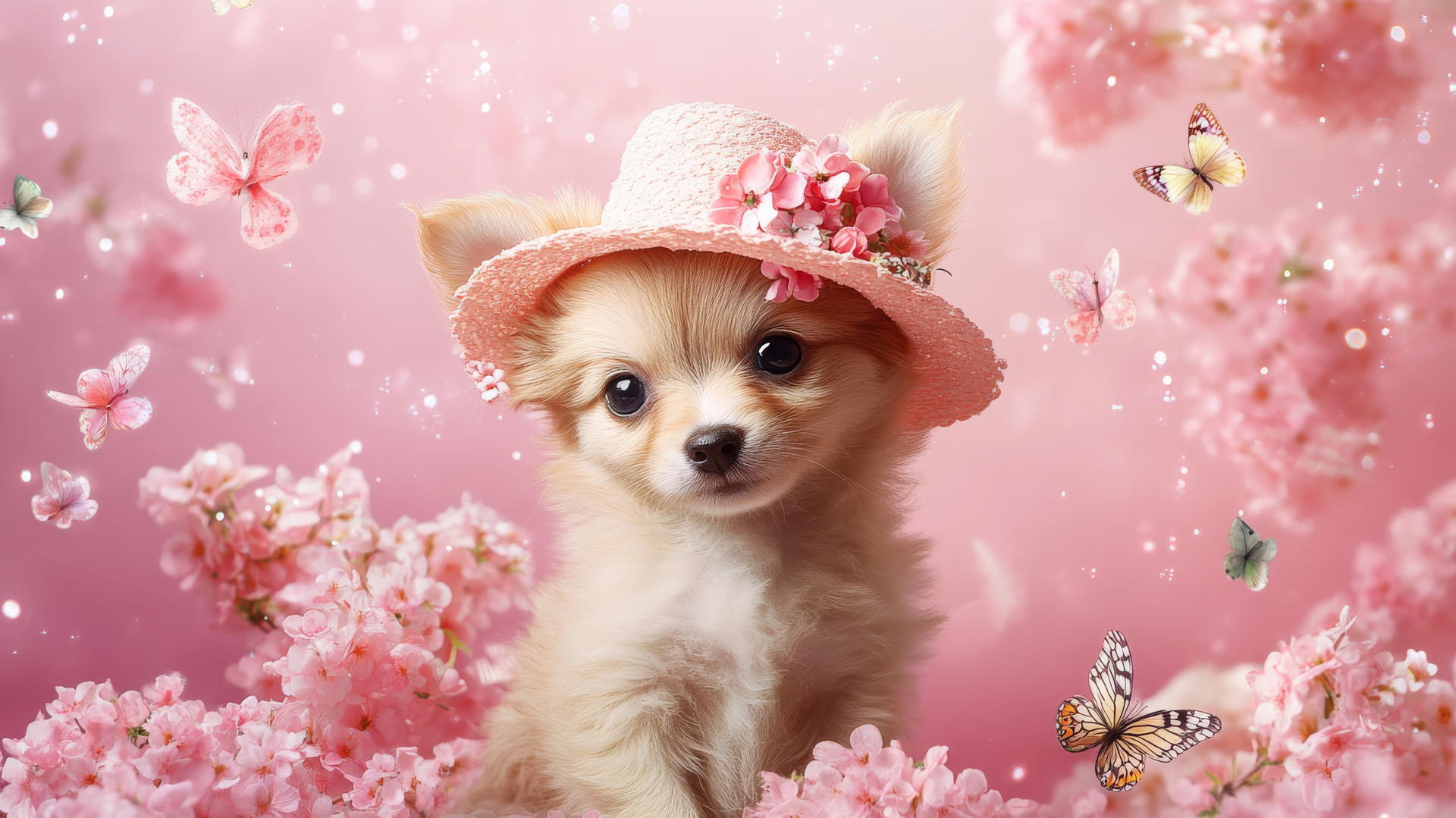 pink cute puppy wallpaper with butterflies and flowers