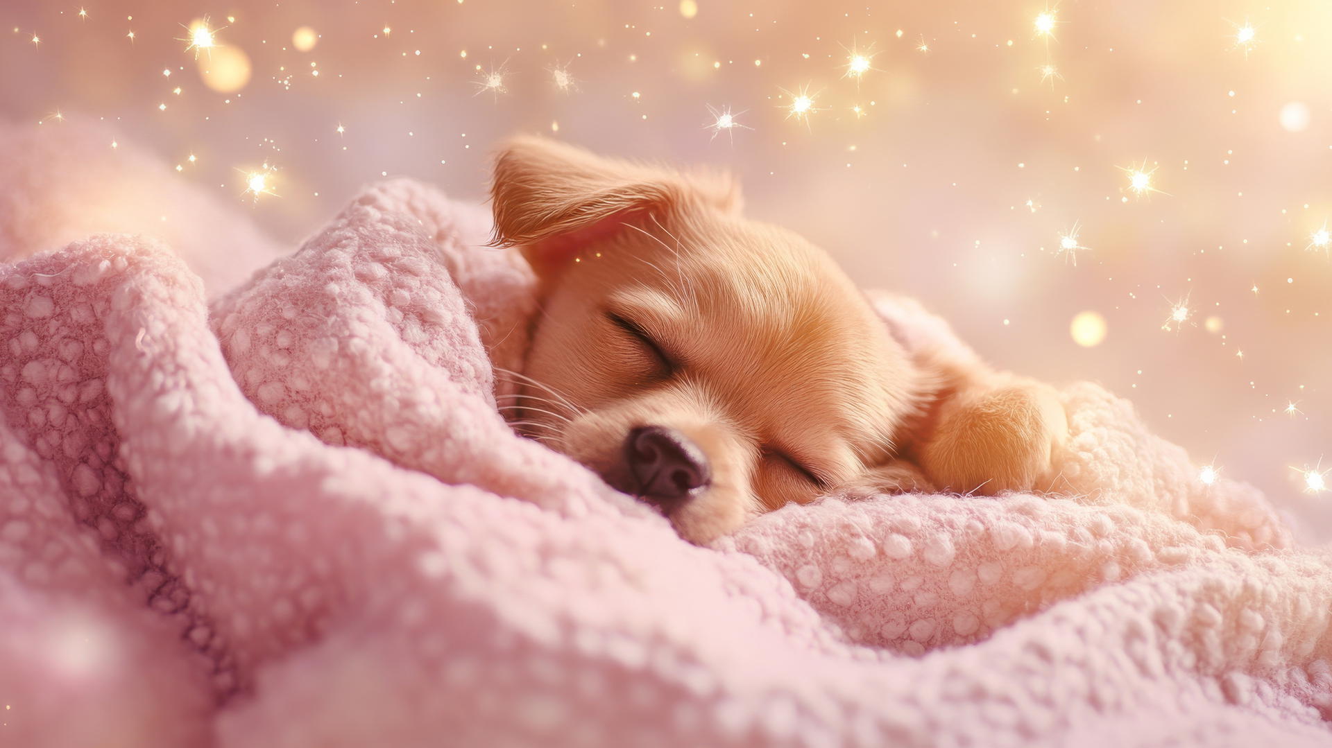 pink cute puppy wallpaper with a sleepy puppy wrapped in a blanket, stars, and warm glow