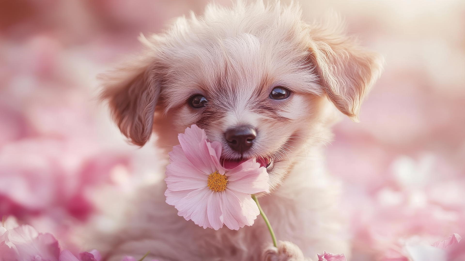 pink cute puppy wallpaper with a smiling puppy holding a flower