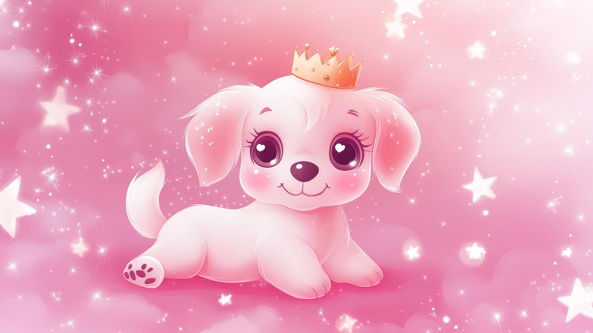 pink cute puppy with crown on soft pink gradient background with stars