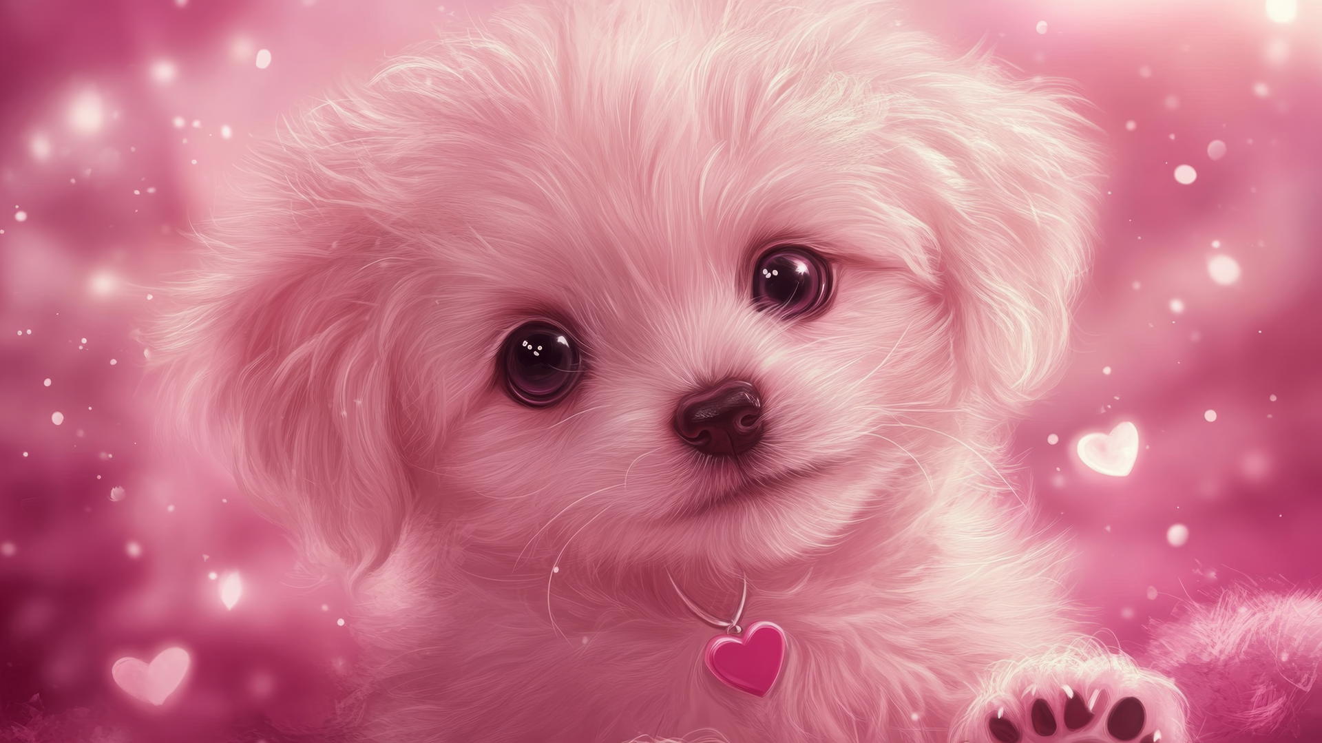 pink cute puppy wallpaper with fluffy puppy and sparkling eyes