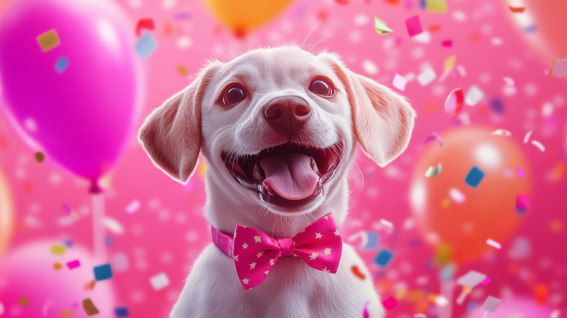 pink cute puppy wallpaper with bowtie, confetti, balloons