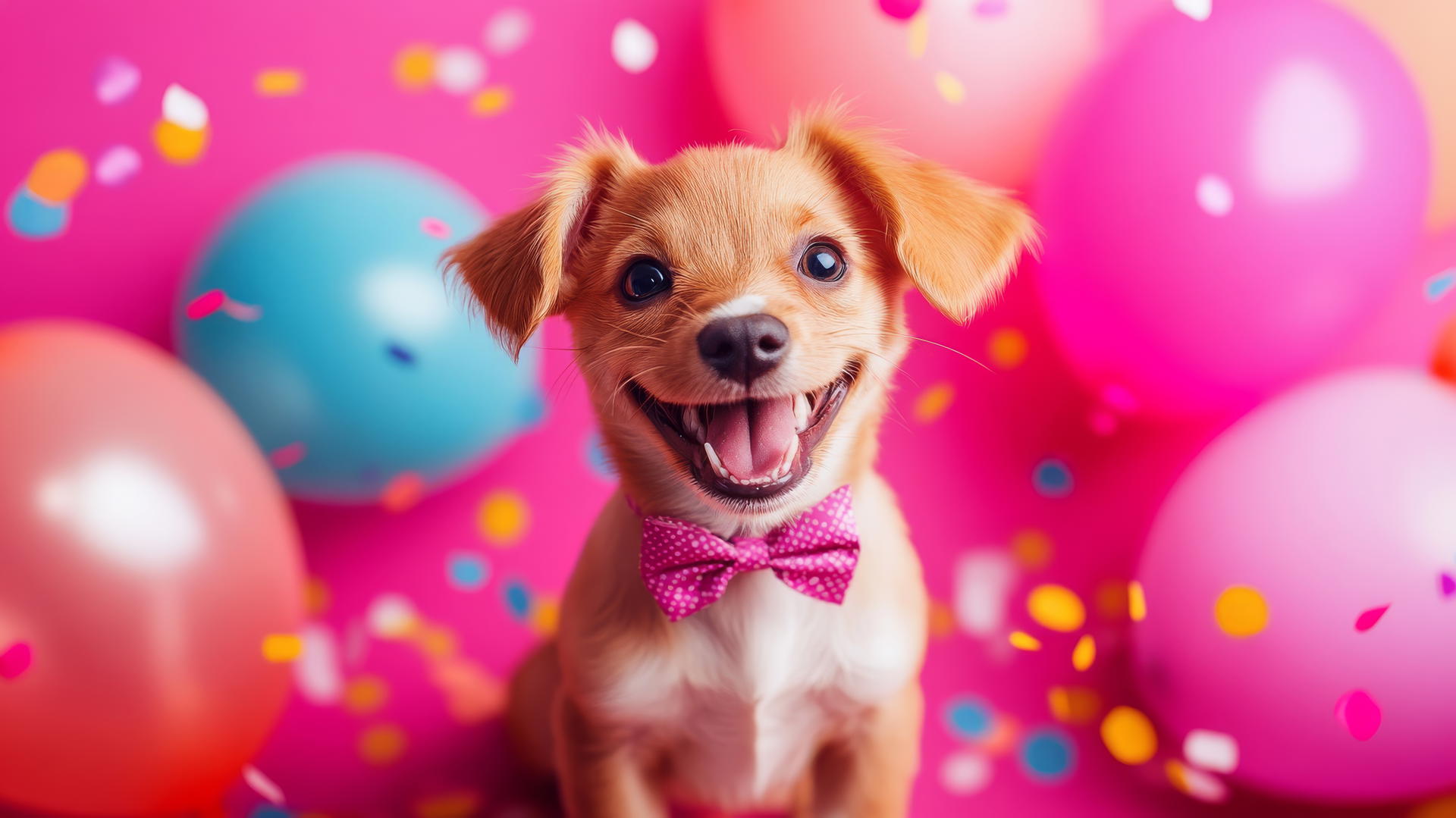 pink cute puppy wallpaper with a bowtie, big smile, confetti, and balloons