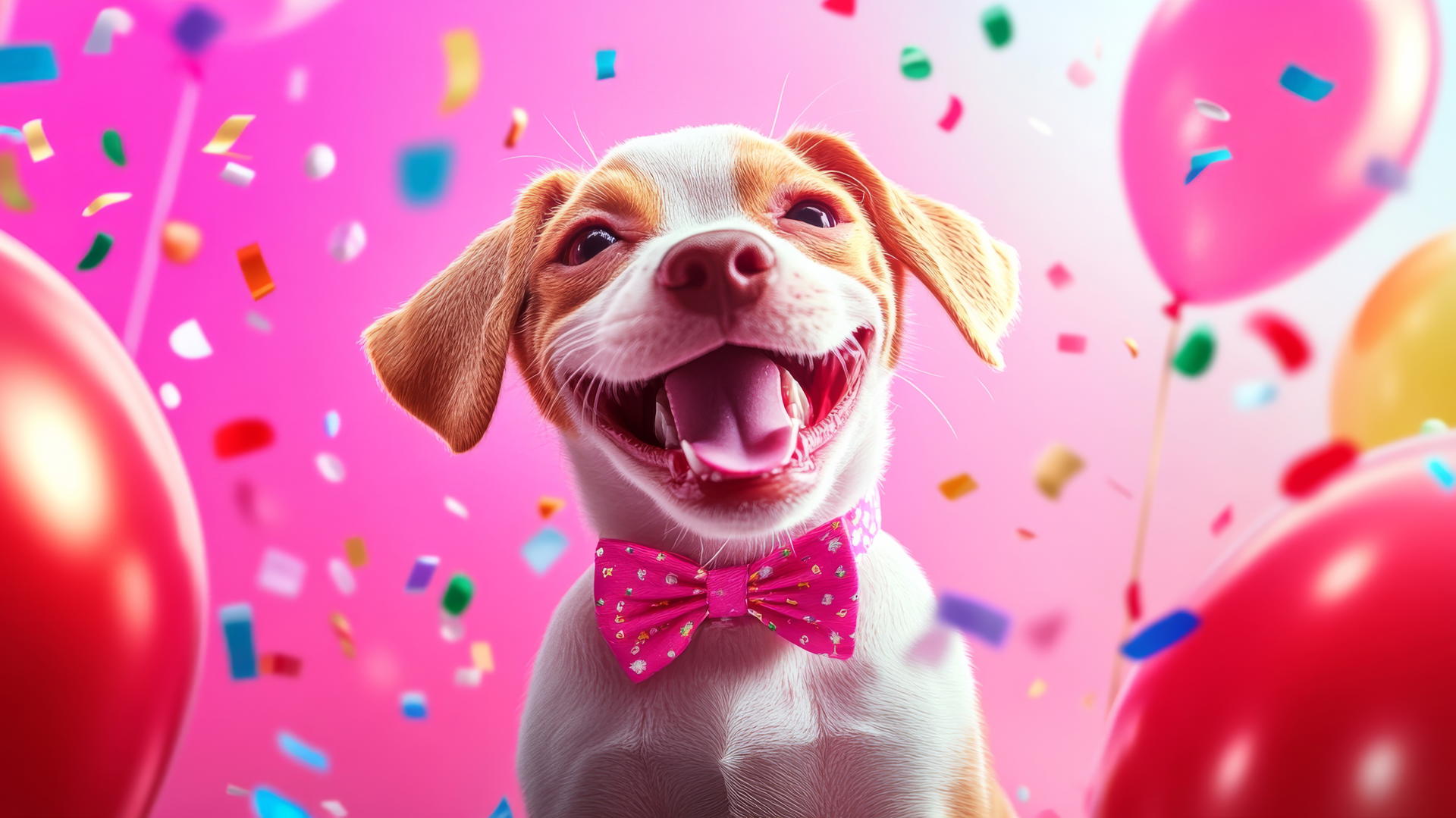 pink cute puppy wallpaper with bowtie, confetti, and balloons