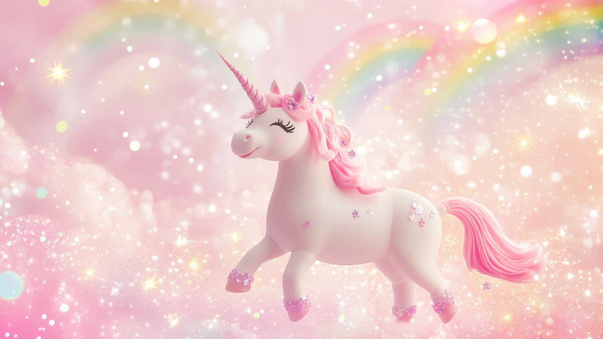 pink cute wallpaper with unicorn, sparkles, and rainbows
