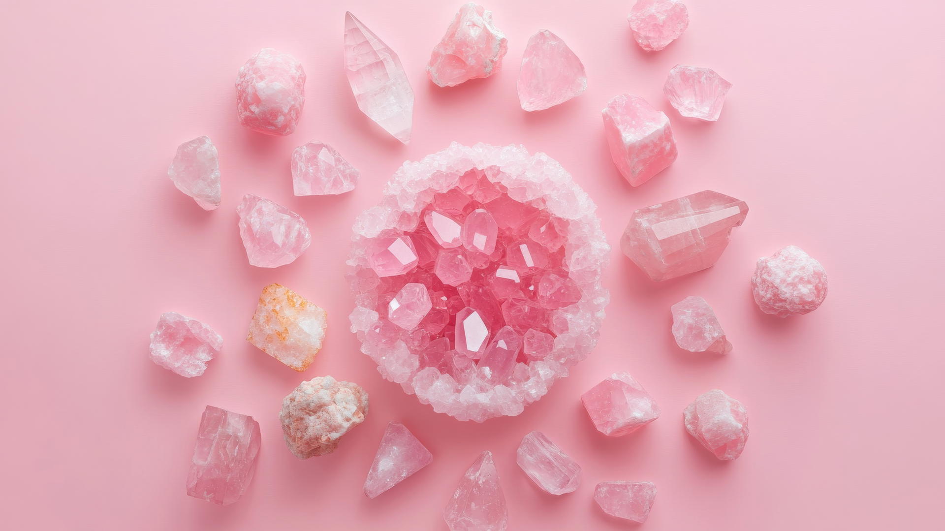 pink wallpaper aesthetic with pink crystals arranged in a circular pattern on light pink background