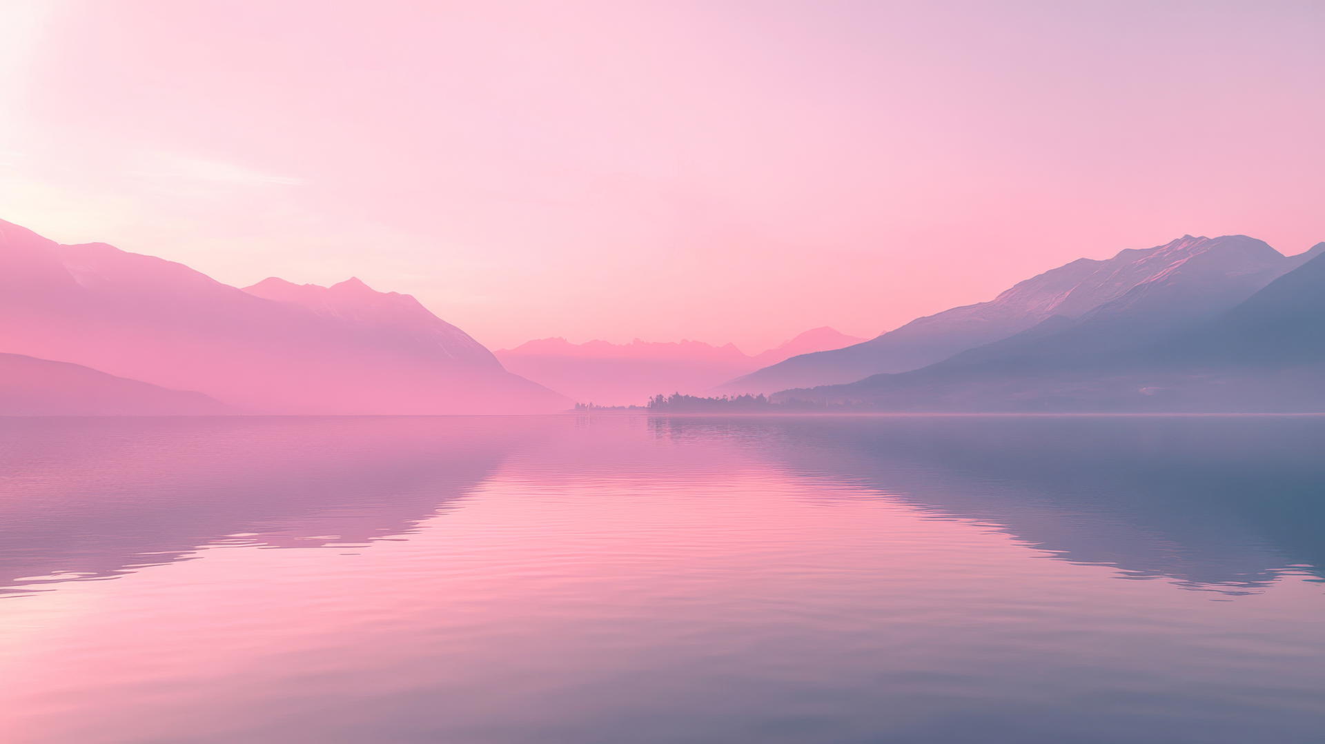 A peaceful pink sunset over a calm lake with mountains, pink wallpaper aesthetic