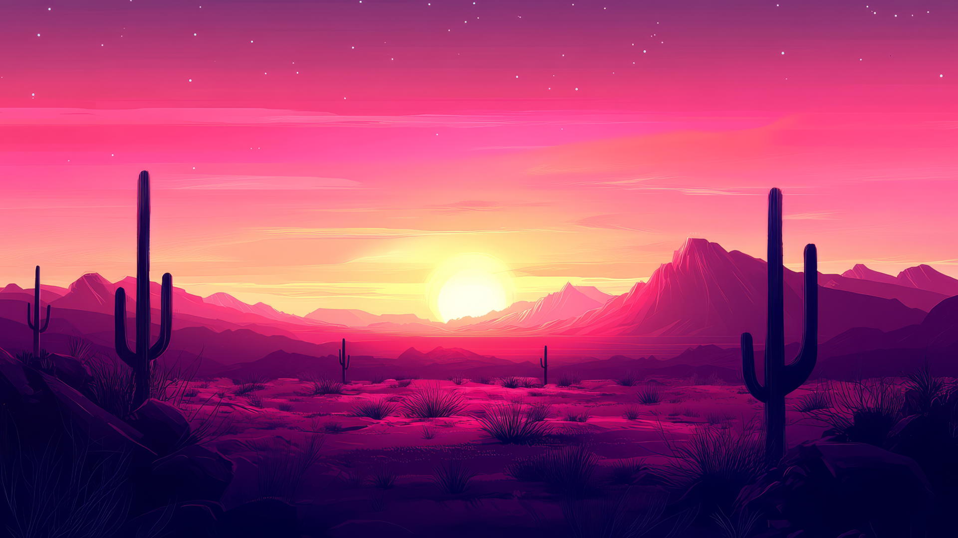 aesthetic pink wallpaper with vibrant sunset over a pink desert, cacti, and mountains