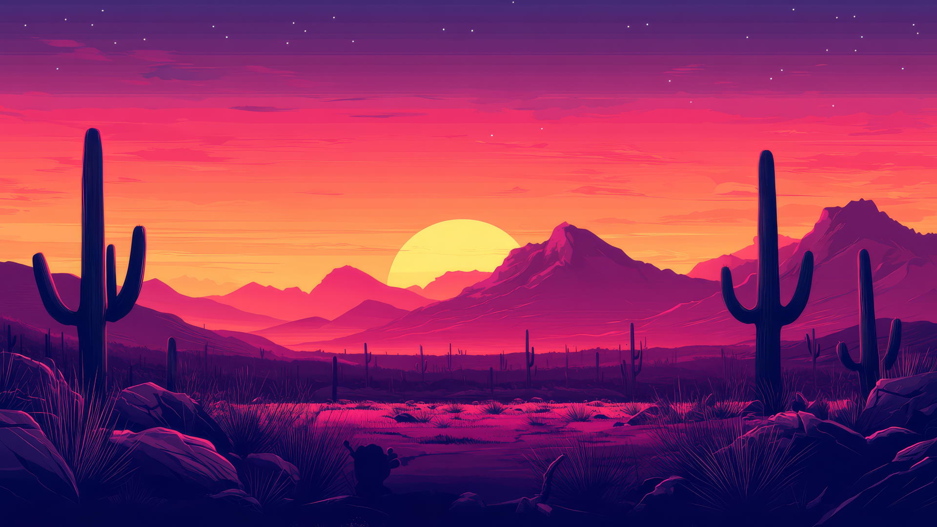 aesthetic pink wallpaper with a vibrant sunset over a pink desert, cacti, and distant mountains.