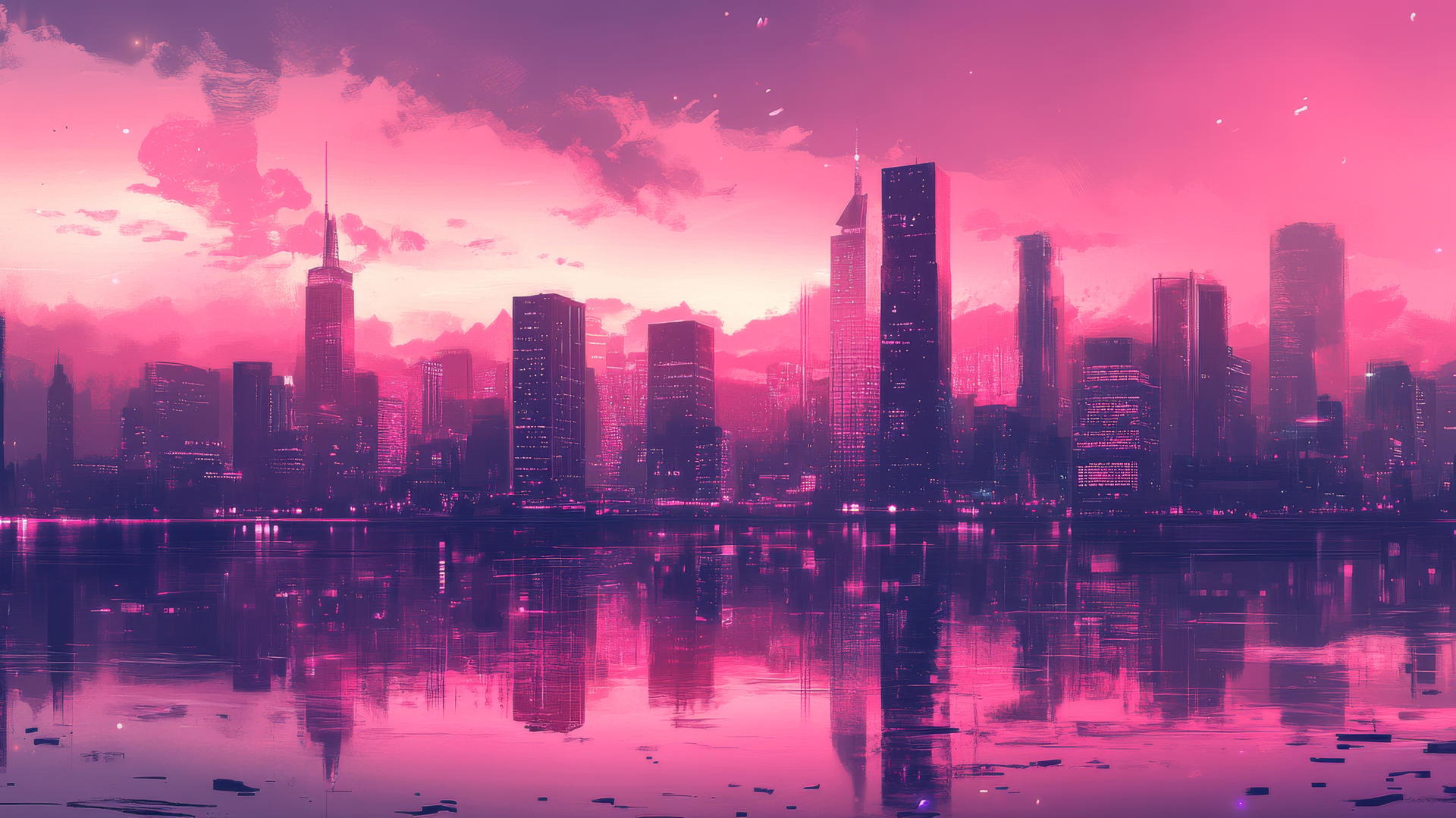 Futuristic cityscape at dusk with vibrant pink skies reflecting off sleek skyscrapers