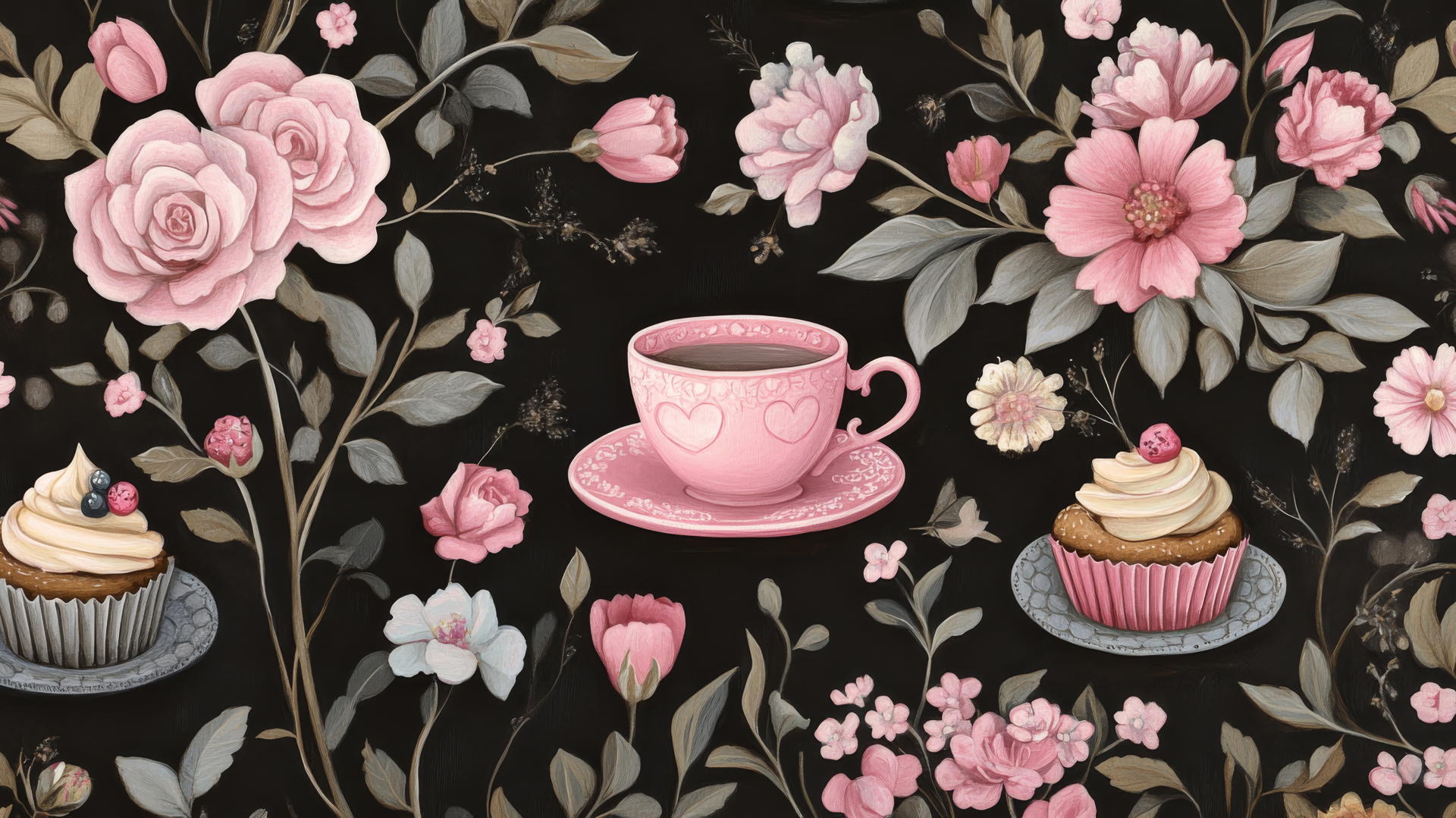 Black wallpaper for girls with whimsical tea party scene, pink teacups, and floral accents.