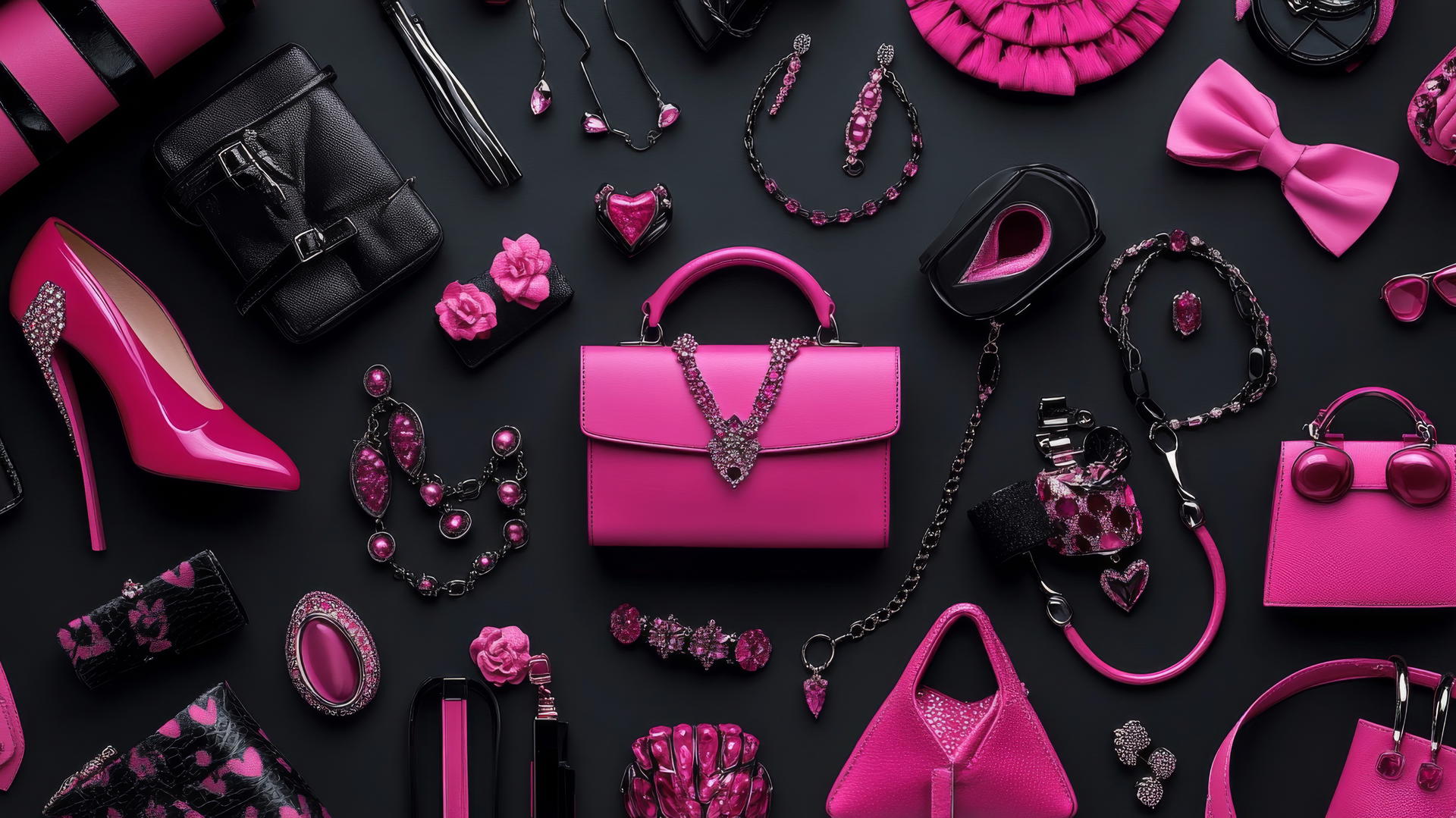 Black wallpaper for girls with pink handbags, shoes, and jewelry