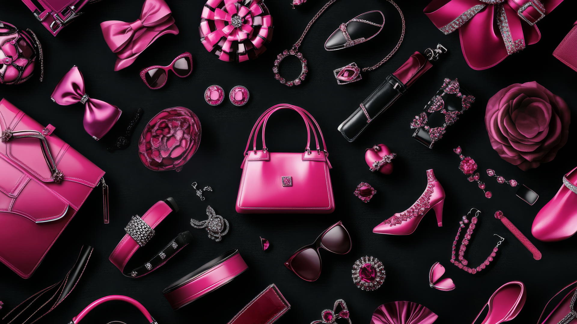 black wallpaper for girls with pink handbags, shoes, and jewelry