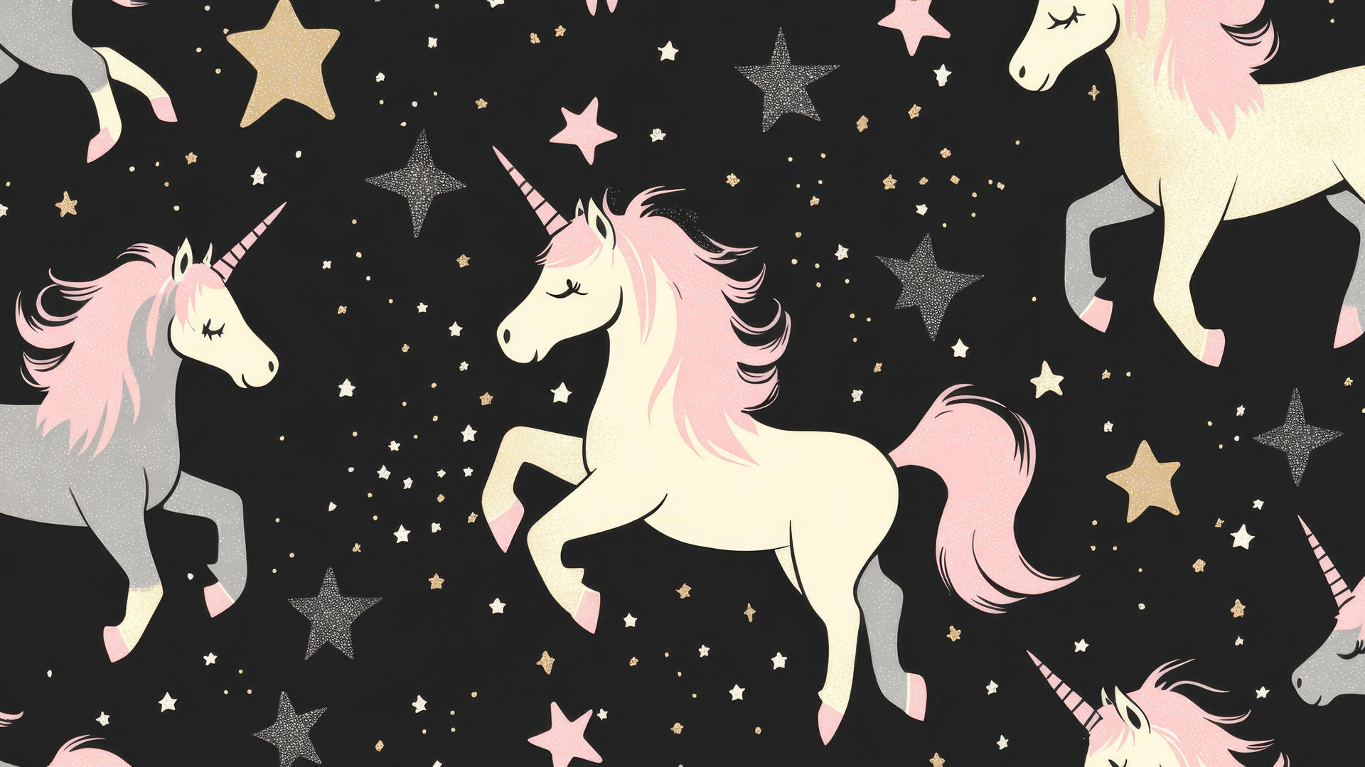 black wallpaper for girls with pastel pink unicorns and sparkly stars