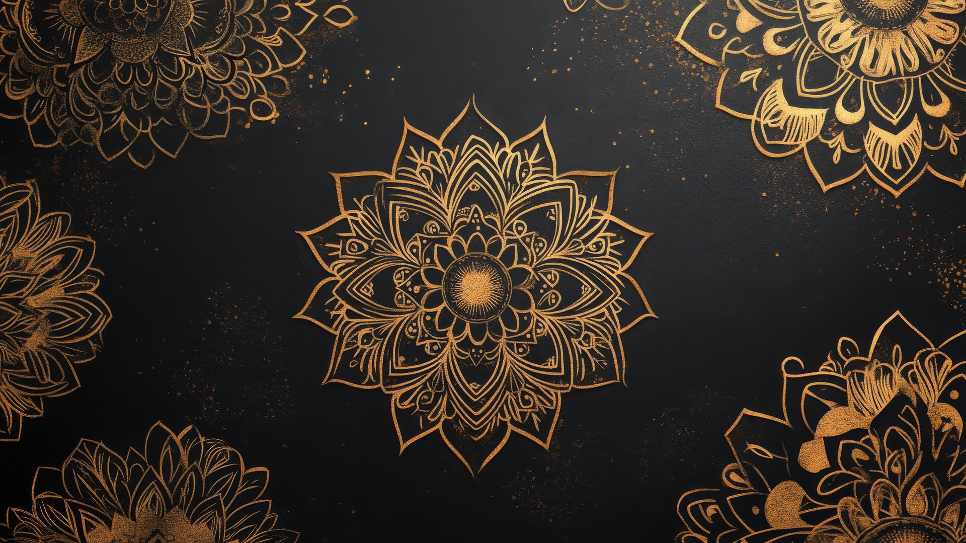 An elegant black wallpaper with gold mandalas and rose patterns, perfect for girls