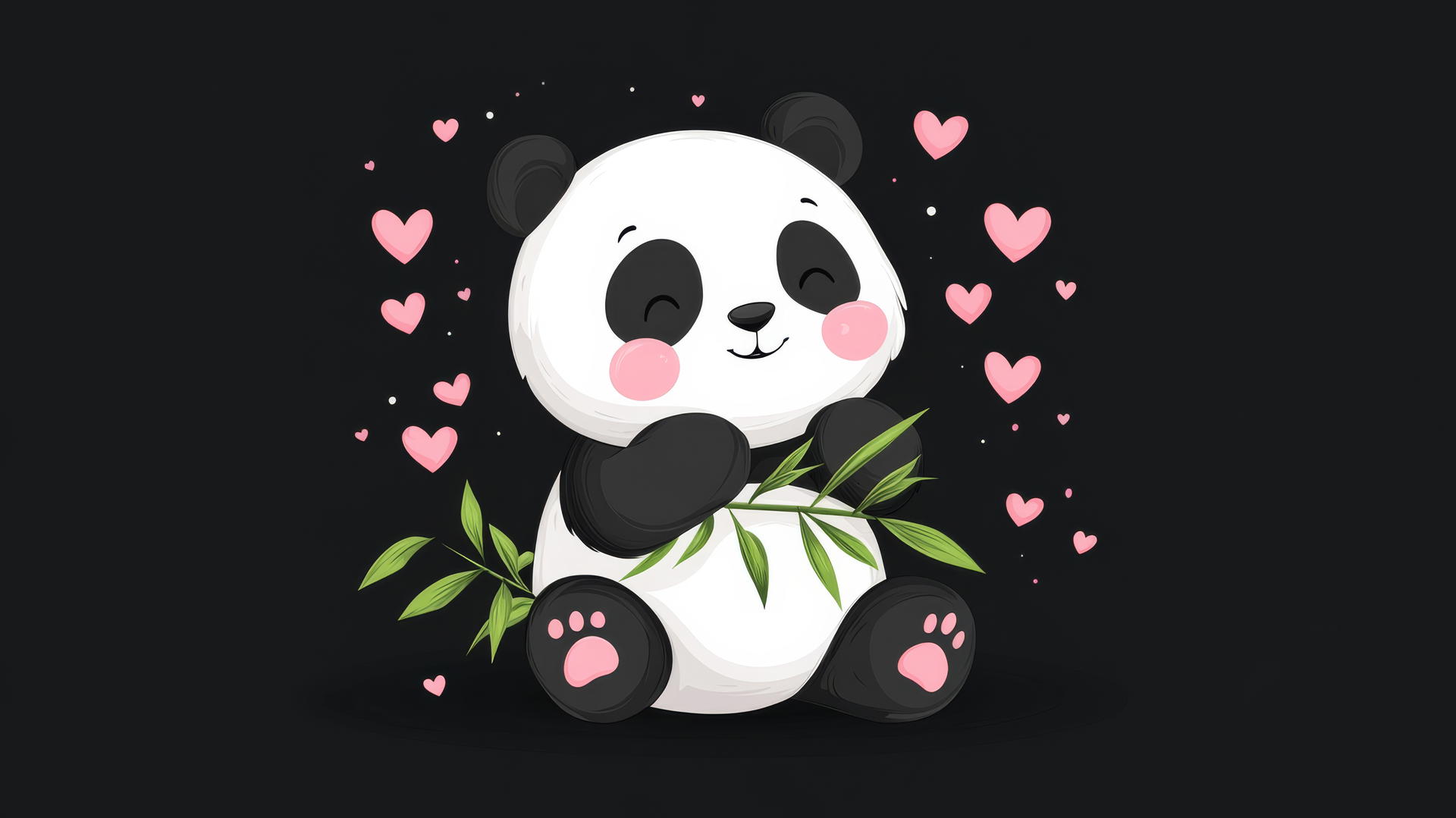 black cute wallpaper with kawaii panda bear, bamboo leaf, and pink hearts