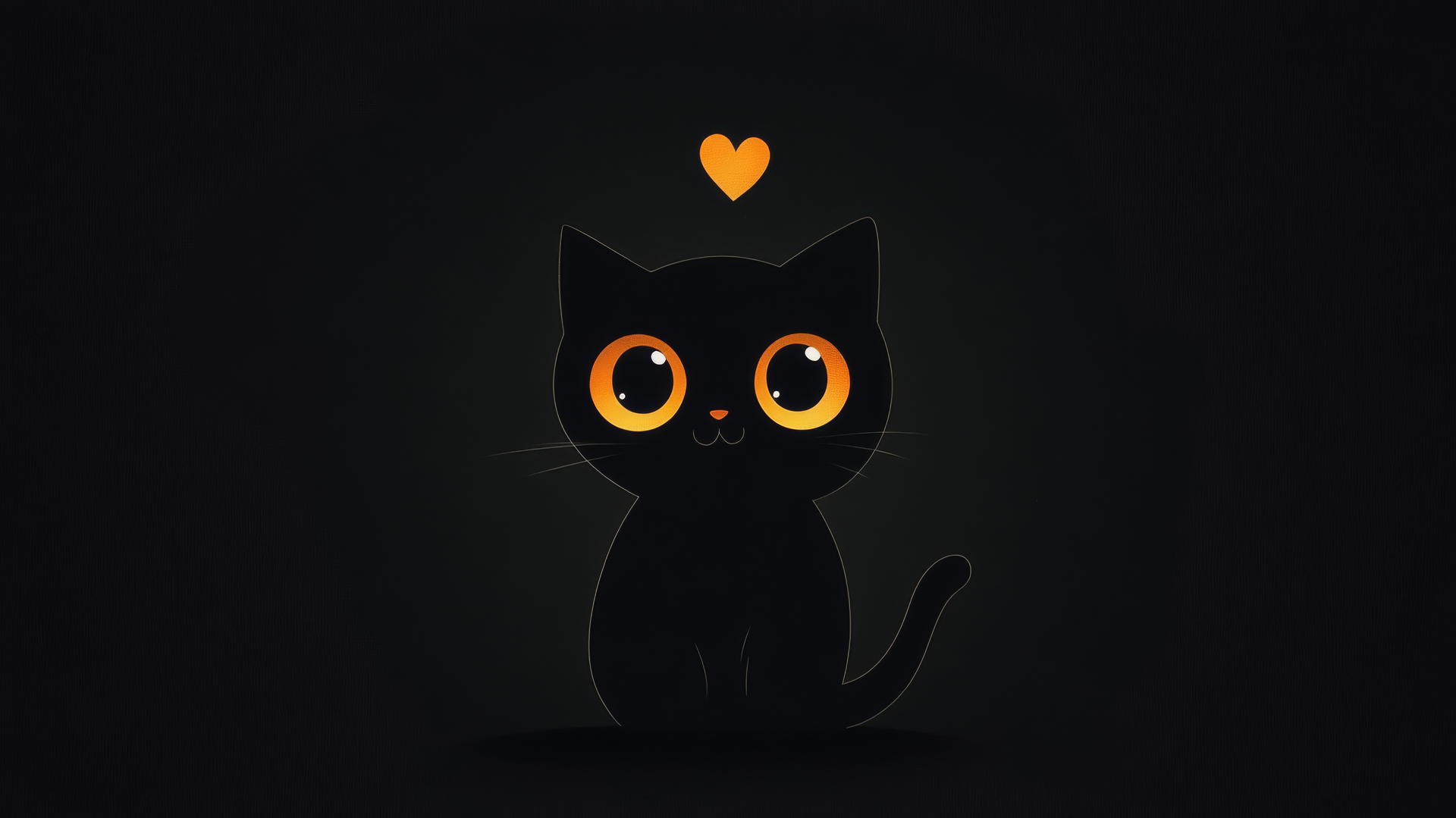 Cute black wallpaper with an adorable cartoon cat sitting in the middle and a small heart above its head.