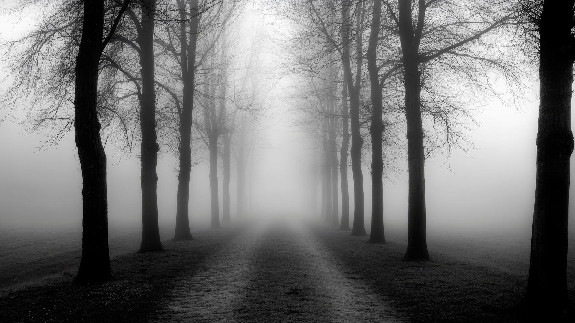 black and white aesthetic wallpaper of a foggy forest path with tall, shadowy trees