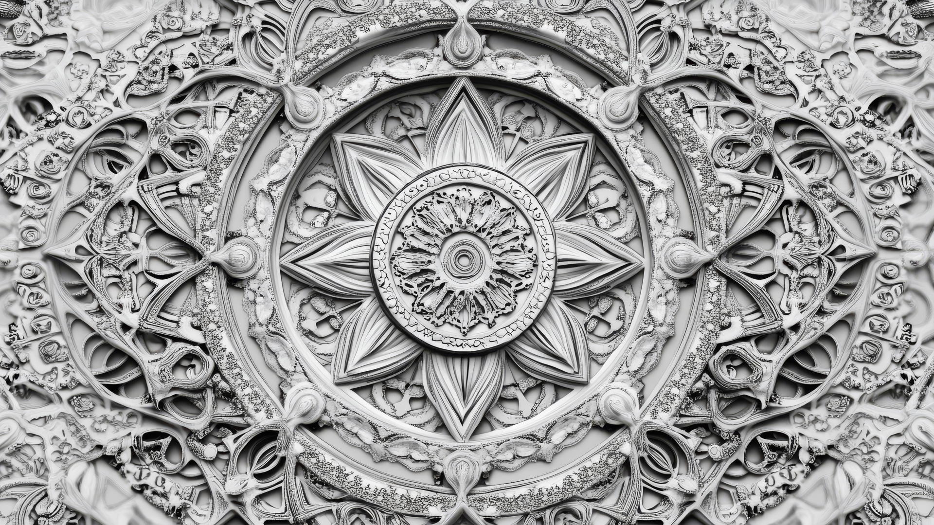 Intricate mandala pattern, delicate symmetrical design, black and white wallpaper.