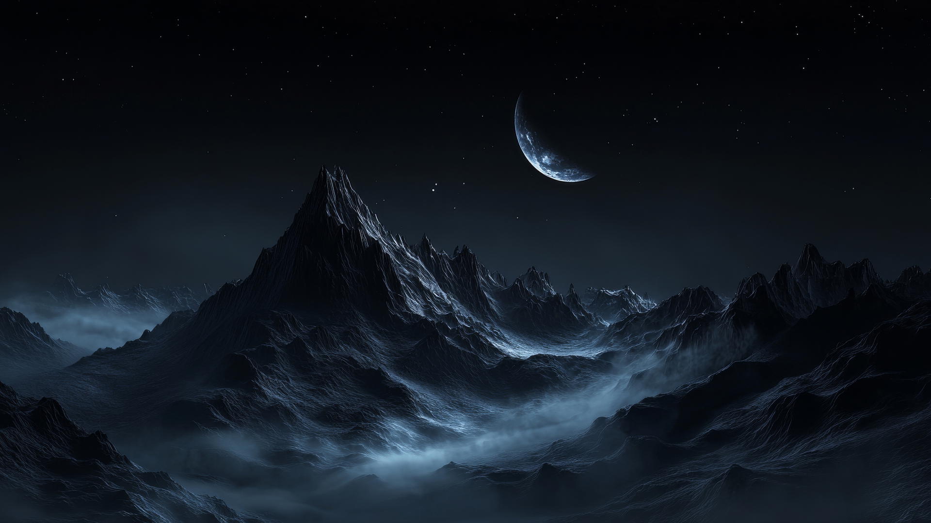 Aesthetic black wallpaper of mystical mountain range under moonlight