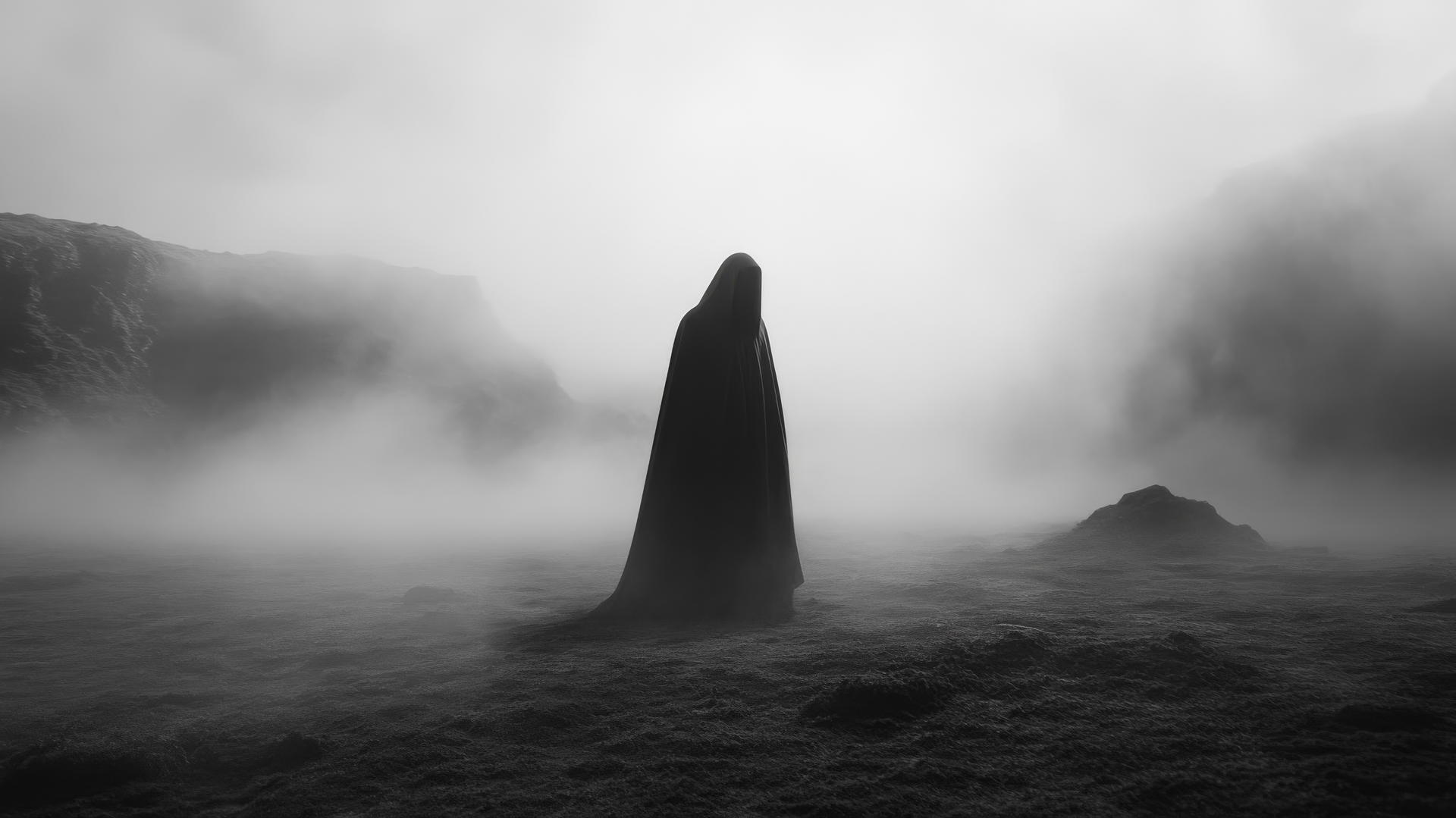 A mysterious figure in a long black cloak stands in a foggy, dark landscape; black wallpaper aesthetic.