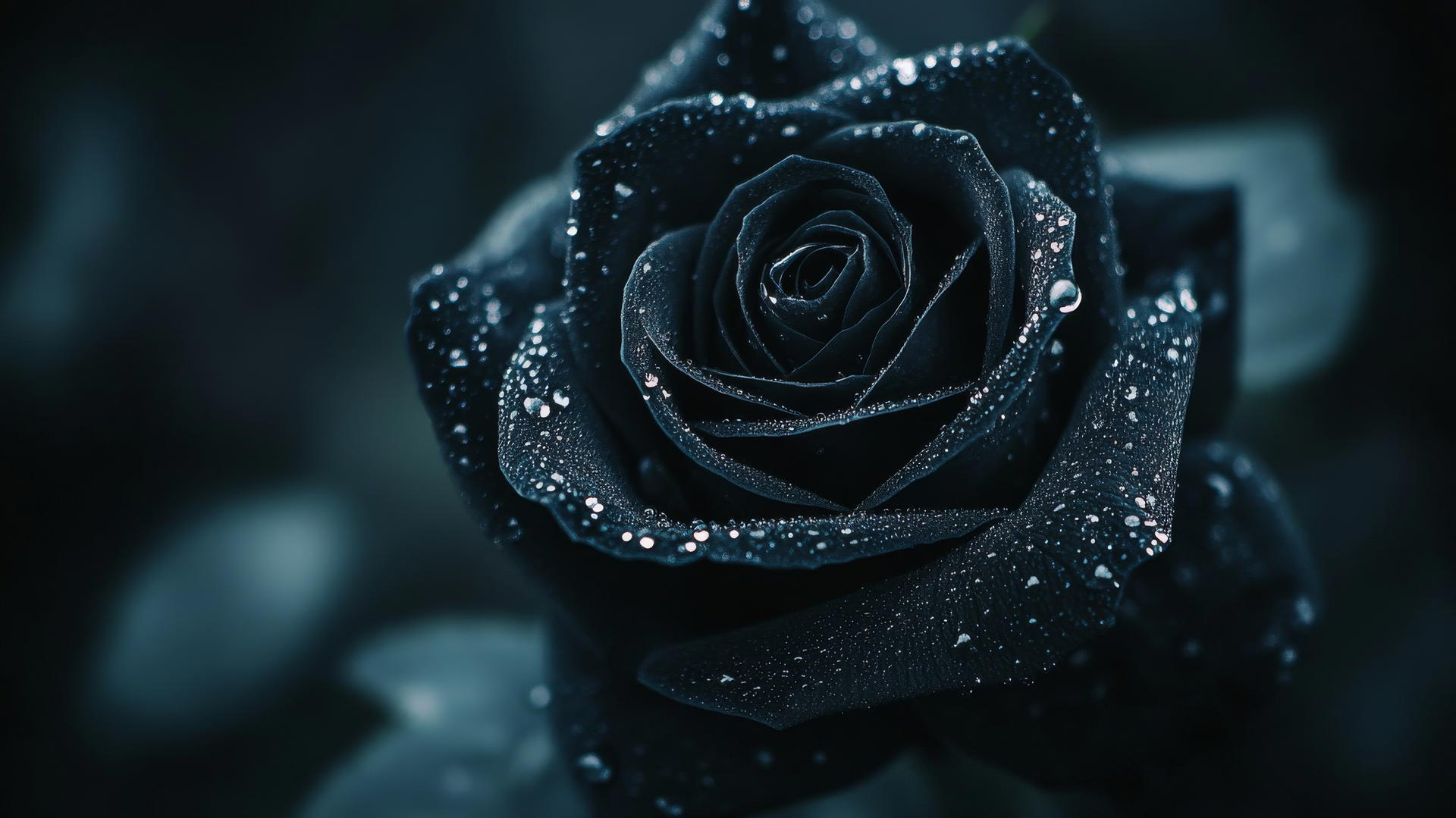 Black aesthetic wallpaper with a close-up of a black rose and dewdrops under moonlight