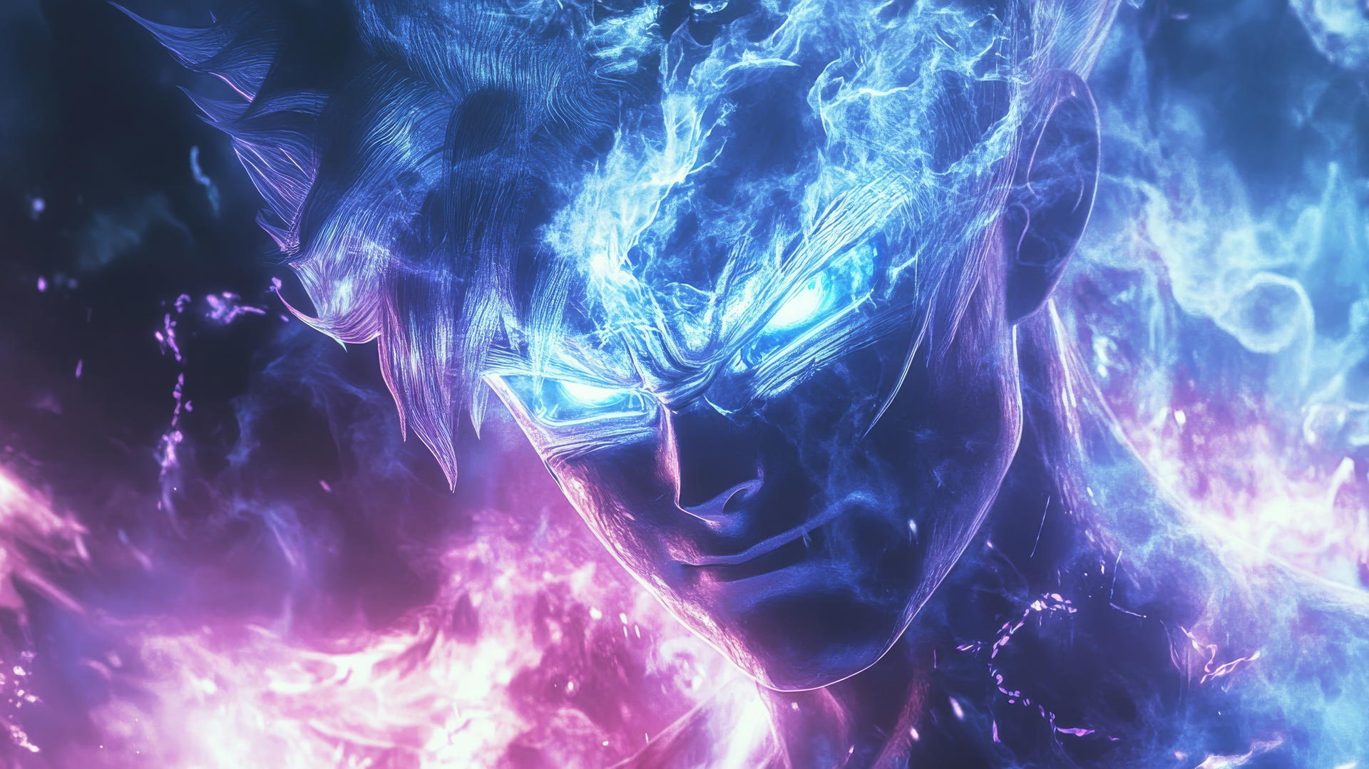 Goku Ultra Instinct transforming, silver hair, glowing eyes, crystalline aura in blues, whites, purples, reds. goku ultra instinct wallpaper 4k