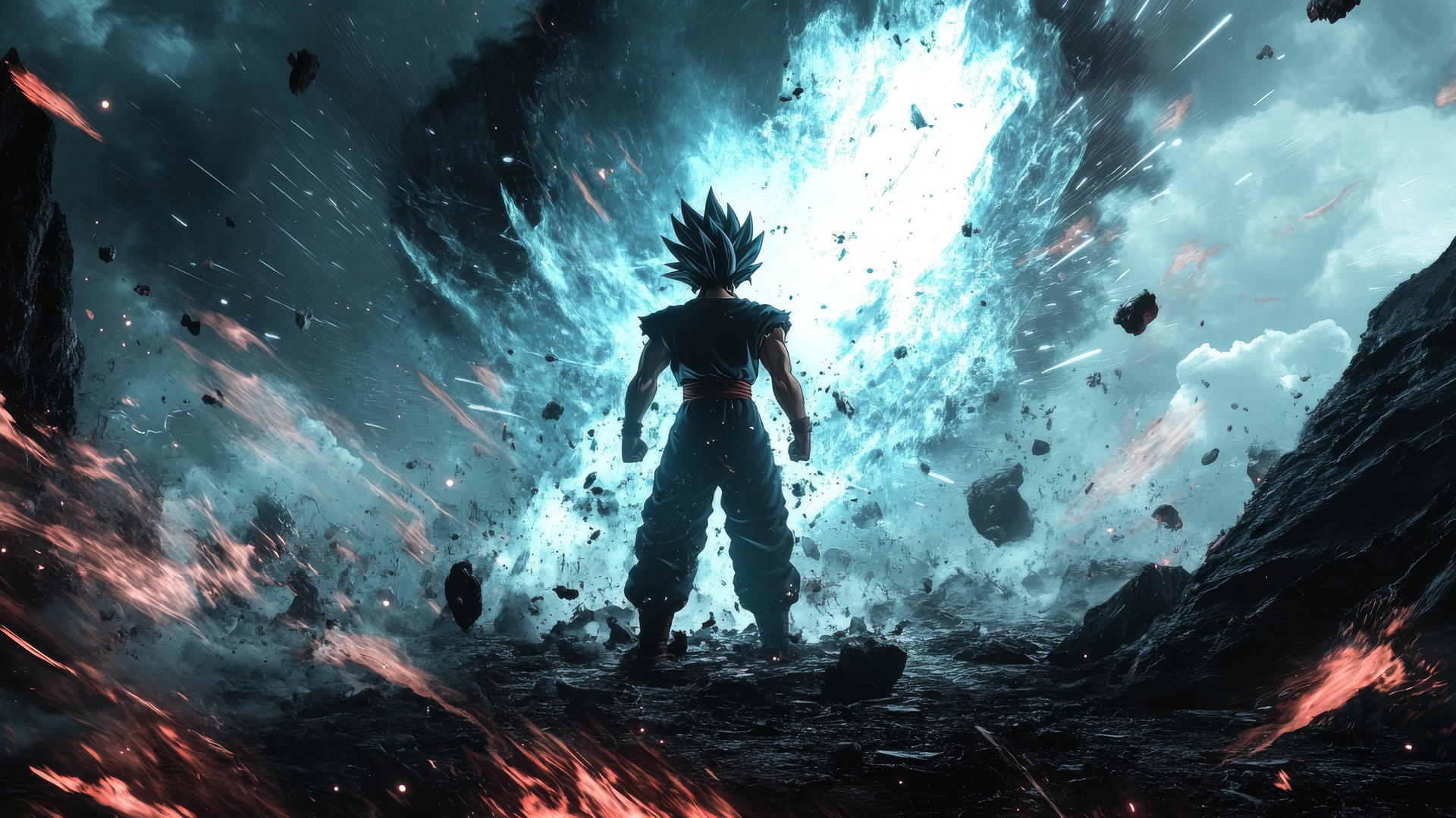 Black Goku in dark energy explosion with crumbling landscape, apocalyptic scene, black goku wallpaper 4k.