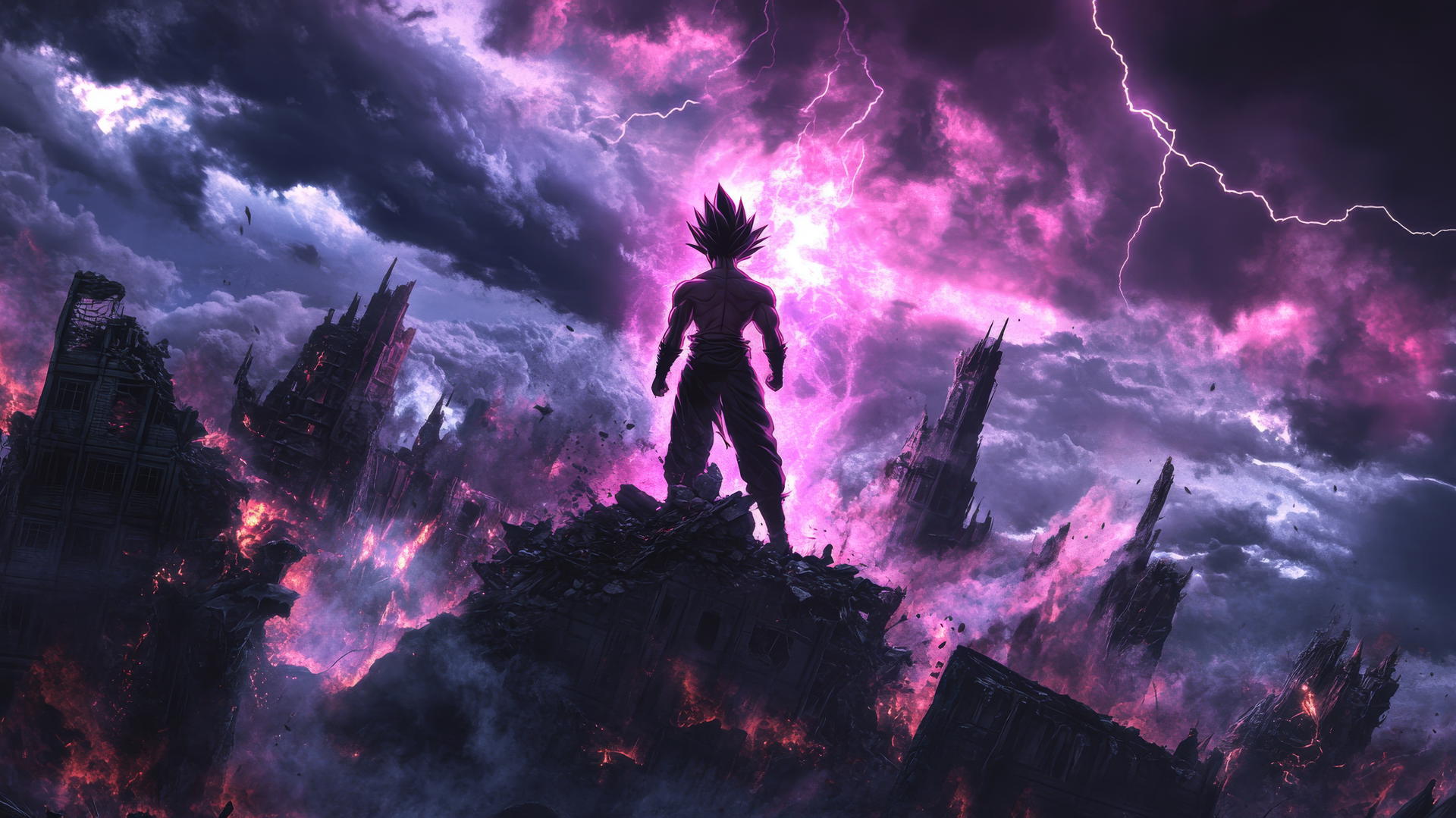 Goku Black wallpaper 4k: Goku Black with Super Saiyan Rosé aura in a ruined city.