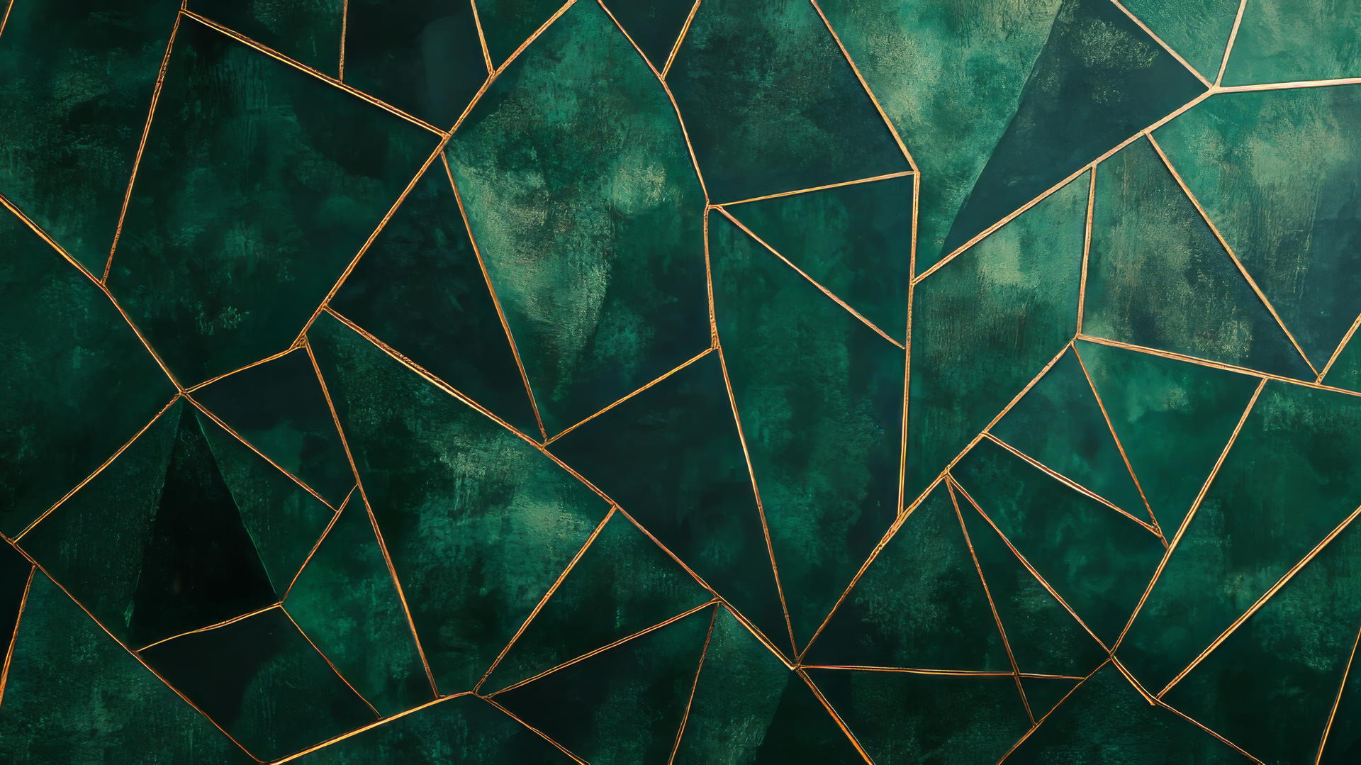 Modern emerald green wallpaper with abstract geometric pattern and thin gold lines