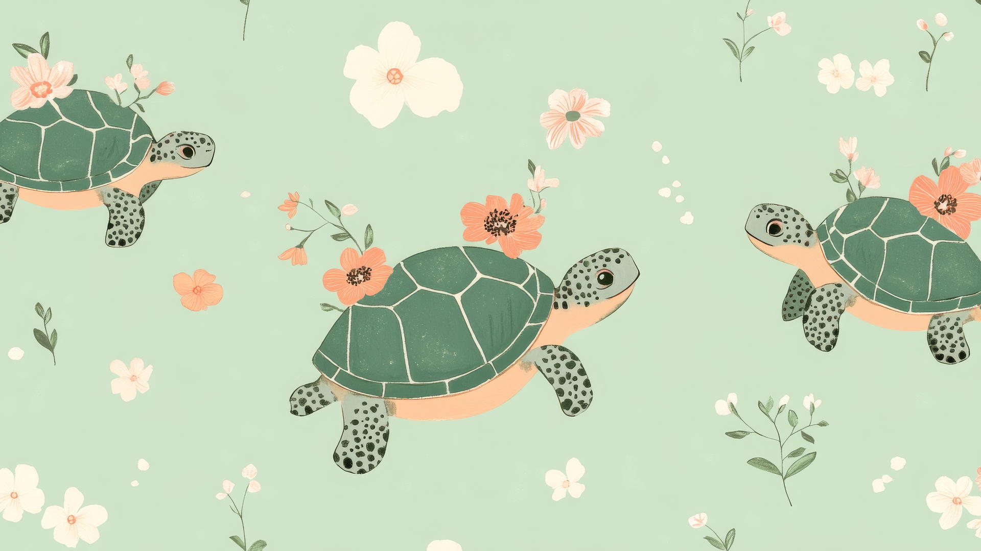 Cute green wallpaper with hand-drawn turtles holding flowers on a mint background